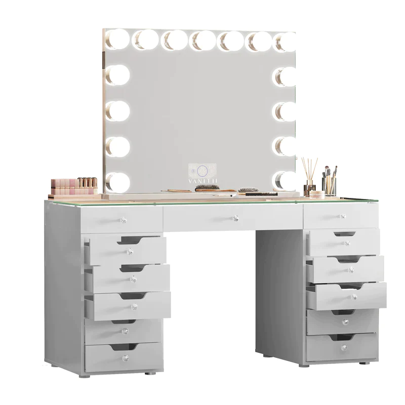 VANITII Eva Vanity Desk - 13 Storage Drawers with Full Light