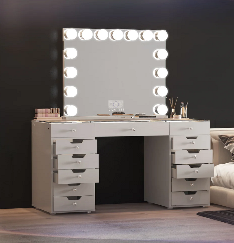 VANITII Eva Dresser - 13 Storage Drawers with Full Lighting and Makeup Mirror
