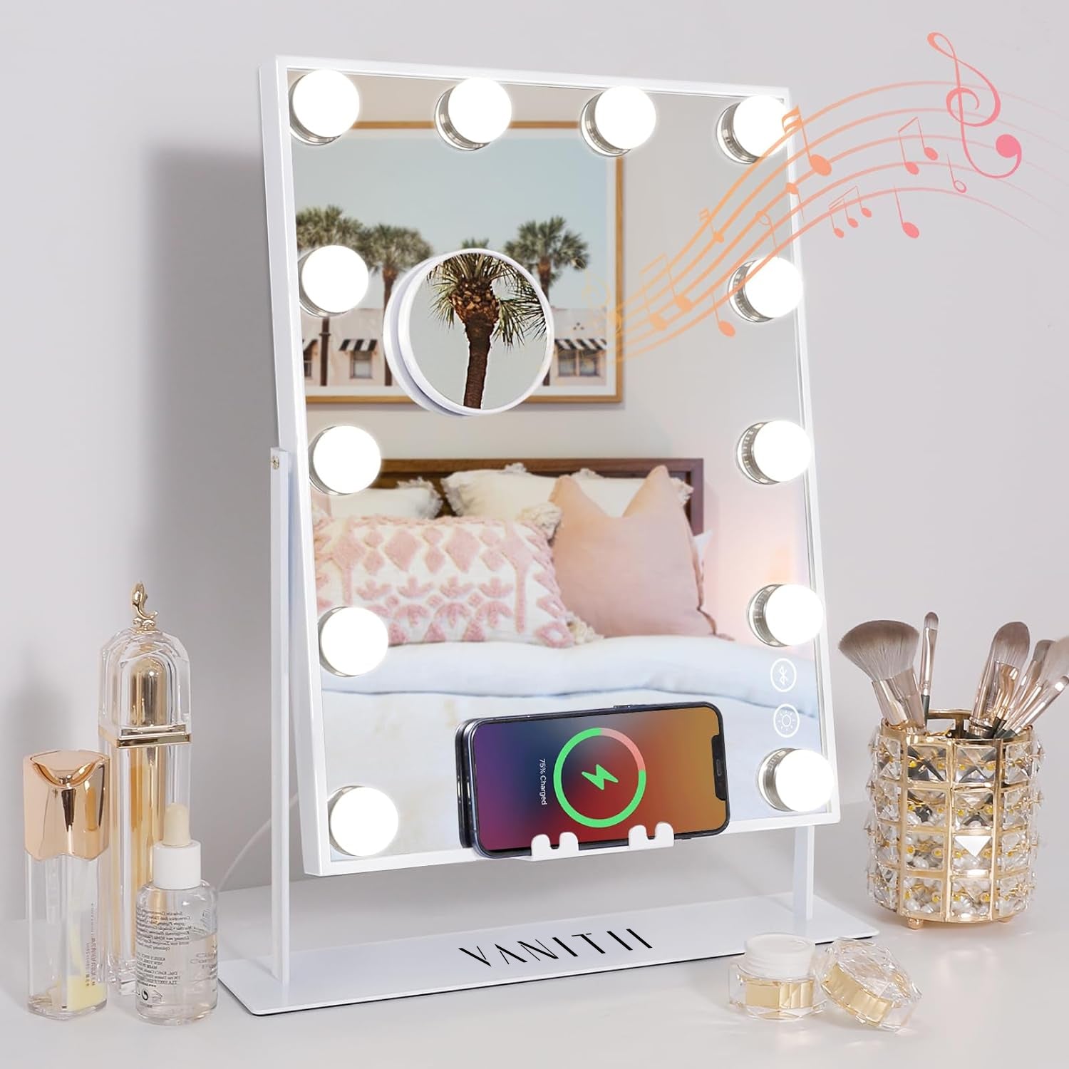 A Hollywood makeup mirror with light bulbs and a ten-fold magnification.