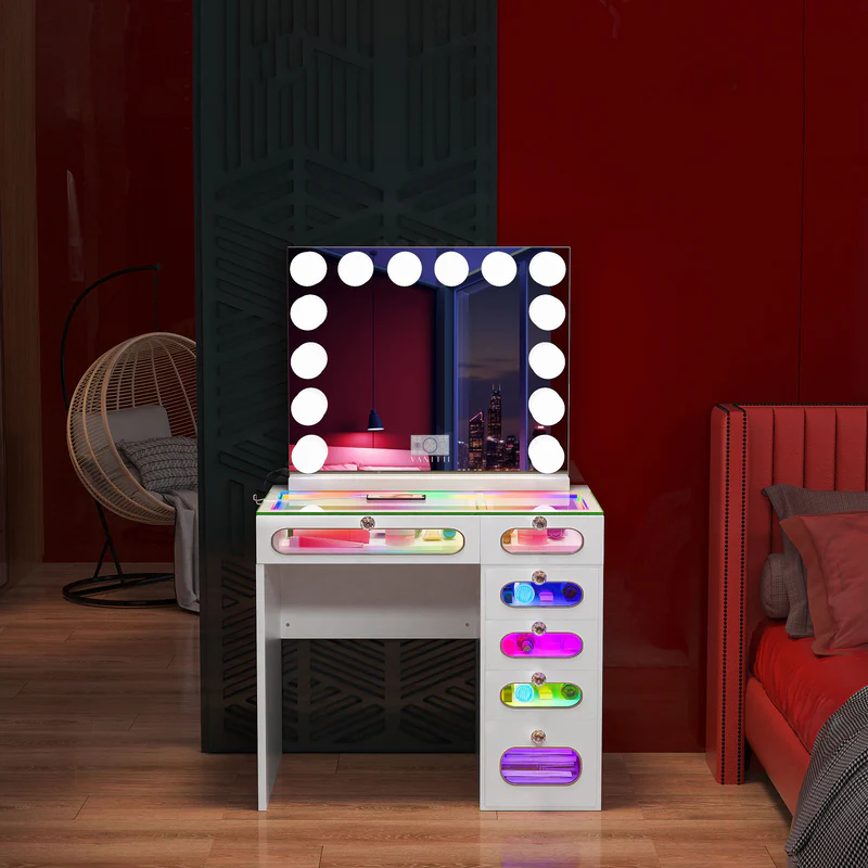 Illuminate your daily makeup ritual: VANITII 6-Mirrored Drawer Vanity Desk with Marilyn Vanity Mirror