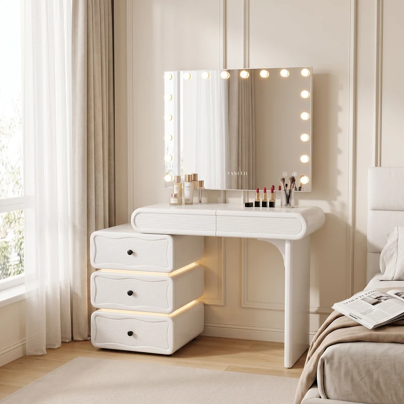 VANITII Jenny vanity desk set with 18 LED bulbs mirror and movable drawer cabinet for small bedrooms