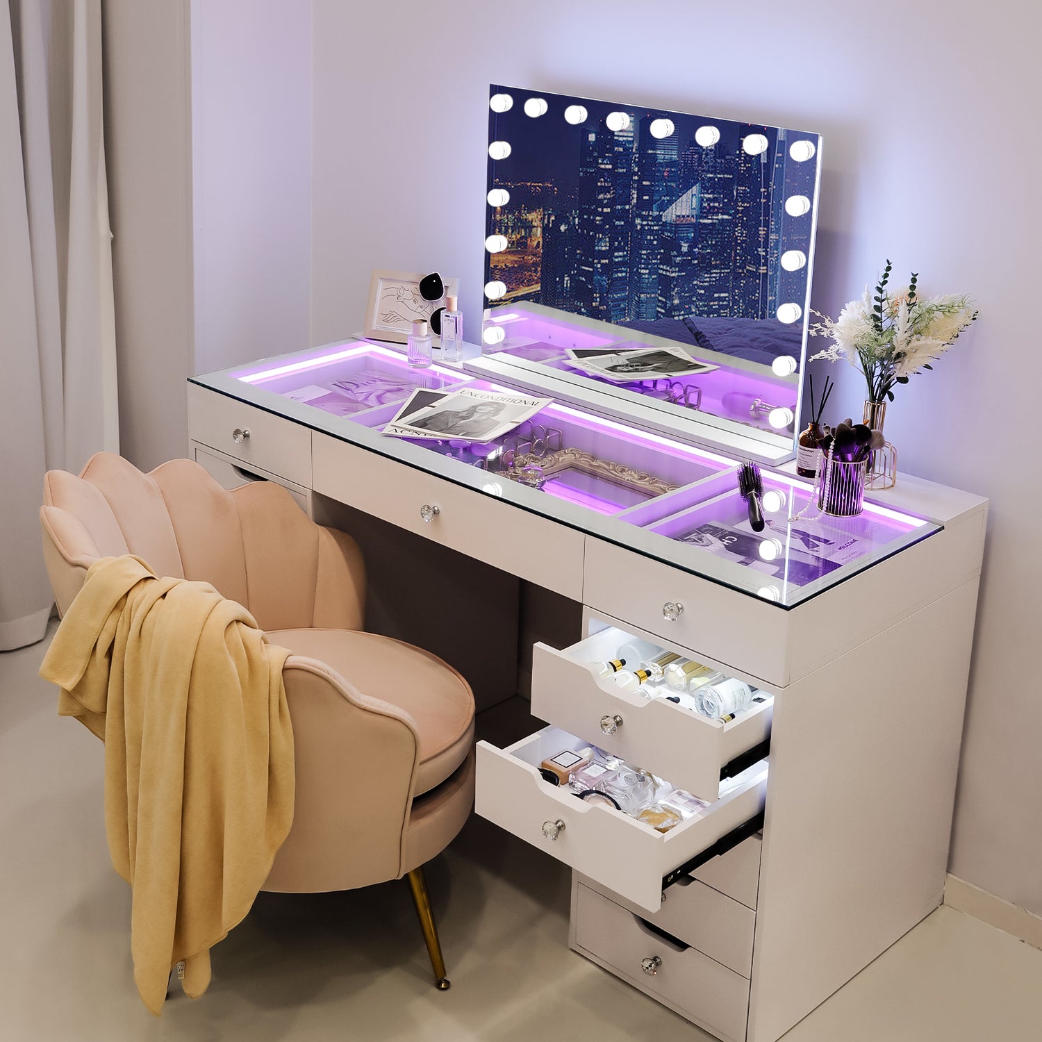 VANITII Eva Vanity Desk - 13 Storage Drawers - Pink