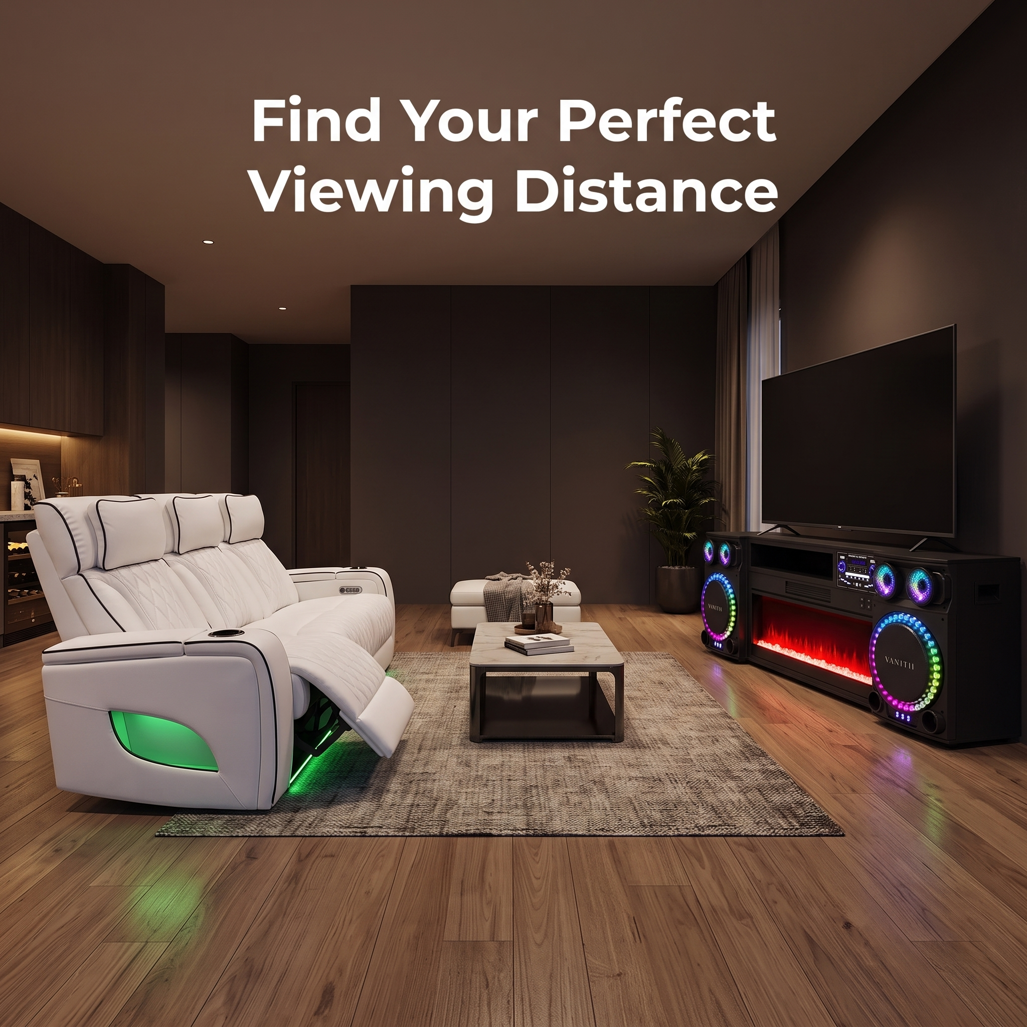 Modern living room with fireplace TV stand and power reclining sofa showing ideal viewing distance setup