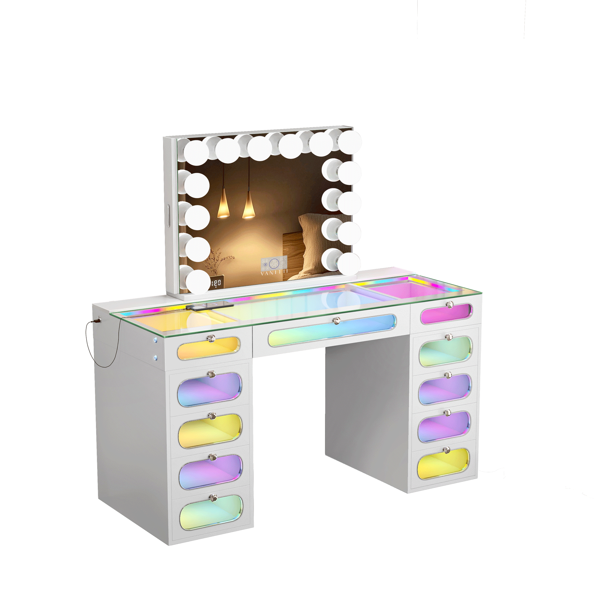 New Release ! VANITII Priscilla Vanity Set with Hollywood Vanity Mirror Pro with Jewelry Cabinet