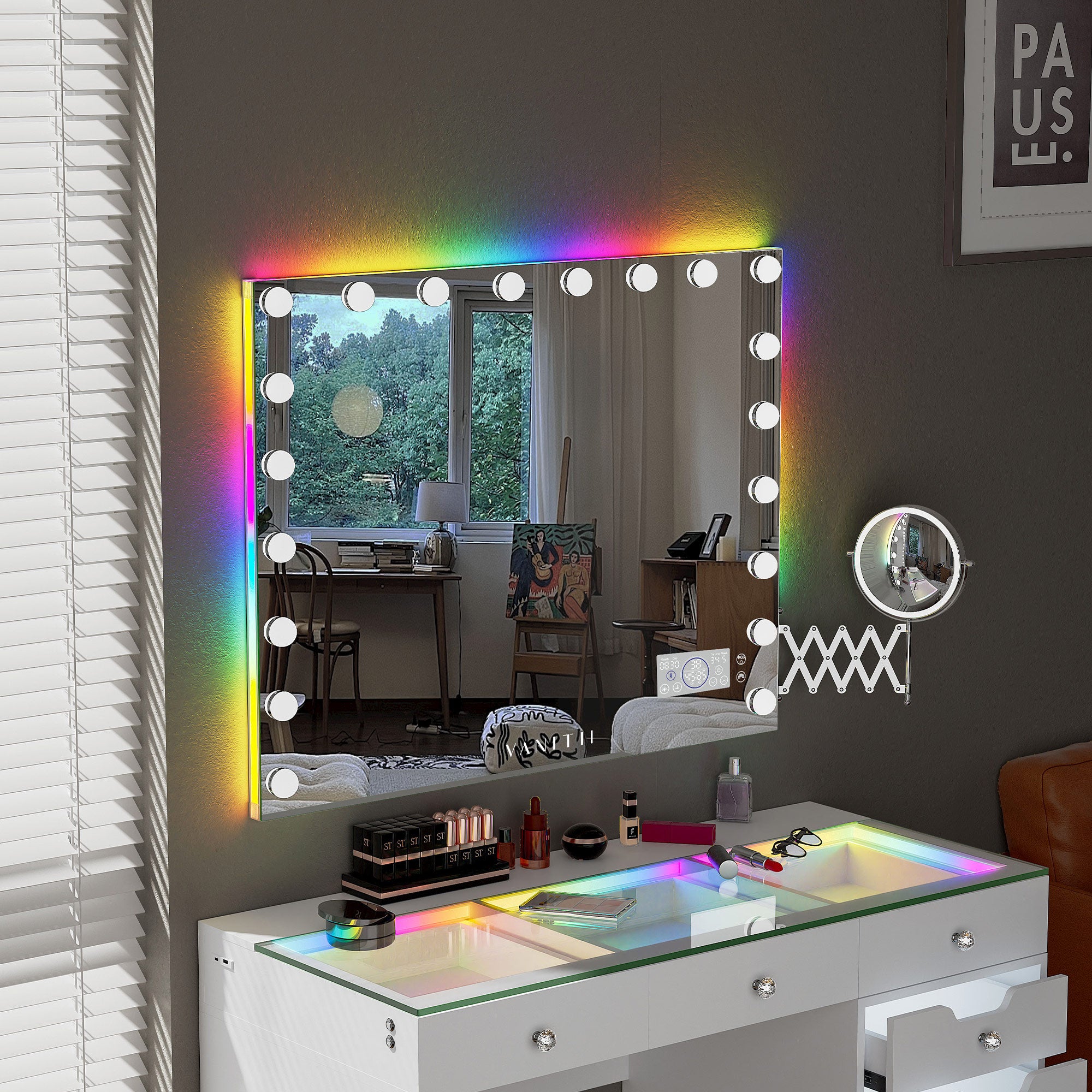 Dressing table with mirror and colorful light strip, surrounded by room decor.