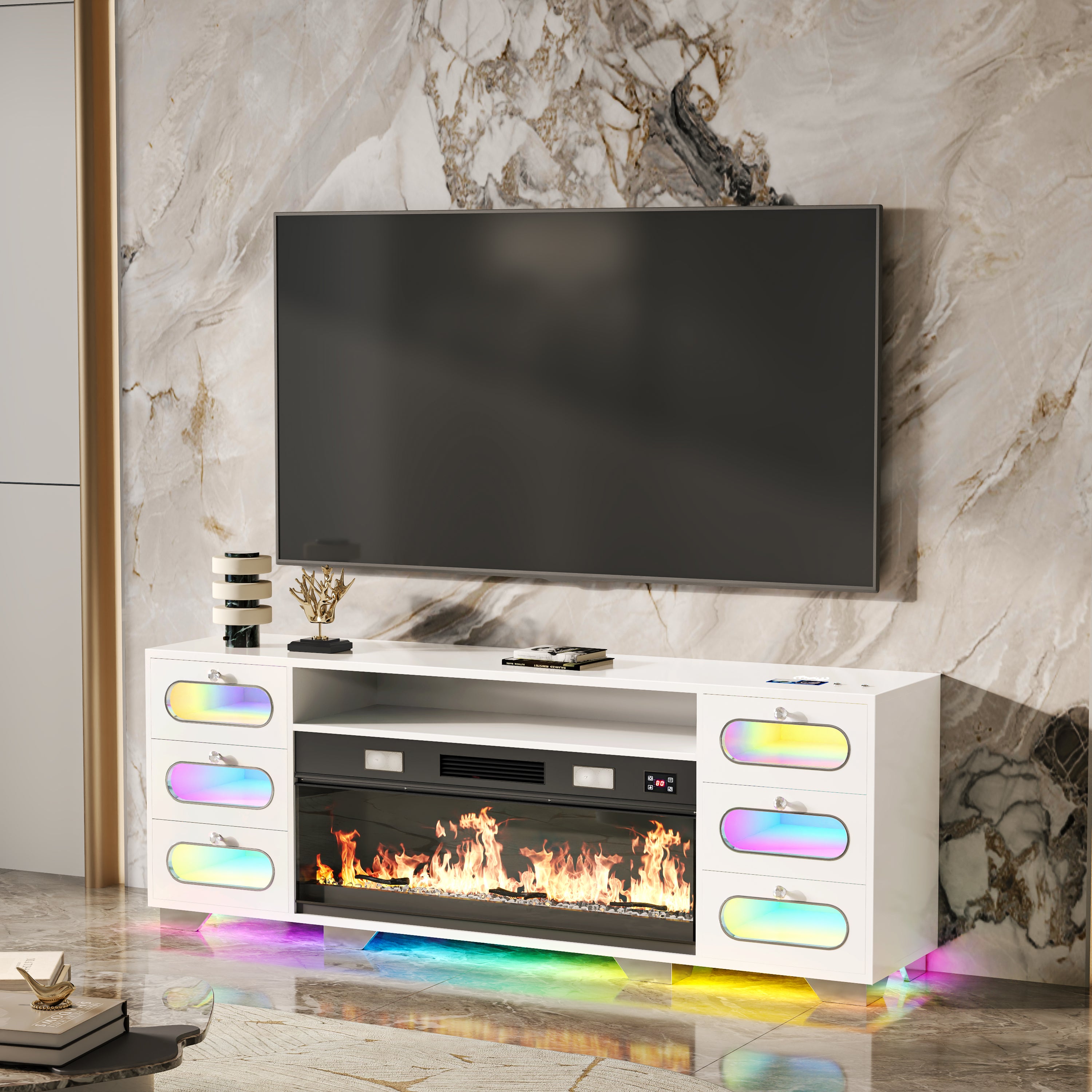 Modern TV stand with electric fireplace in the living room