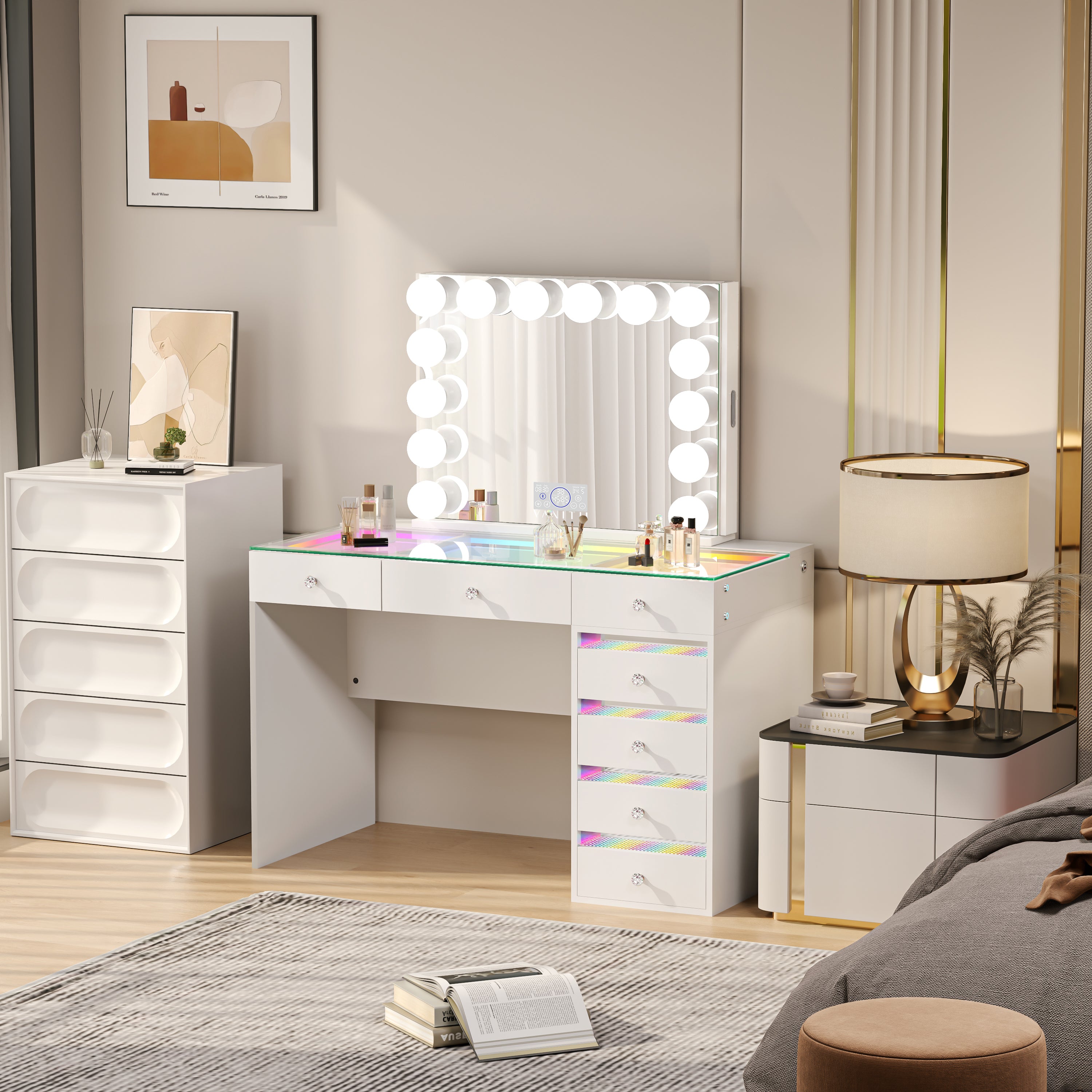 The VANITII Fenair Vanity Desk Set features a 14 LED Light Bulbs , Mirror with Hidden Side Jewelry Racks,7 crystal-knob drawers,USB&Type-C Ports and built-in Bluetooth Speaker. It adopts a simple white design, and it place in the bedroom perfectly combining beauty and functionality.