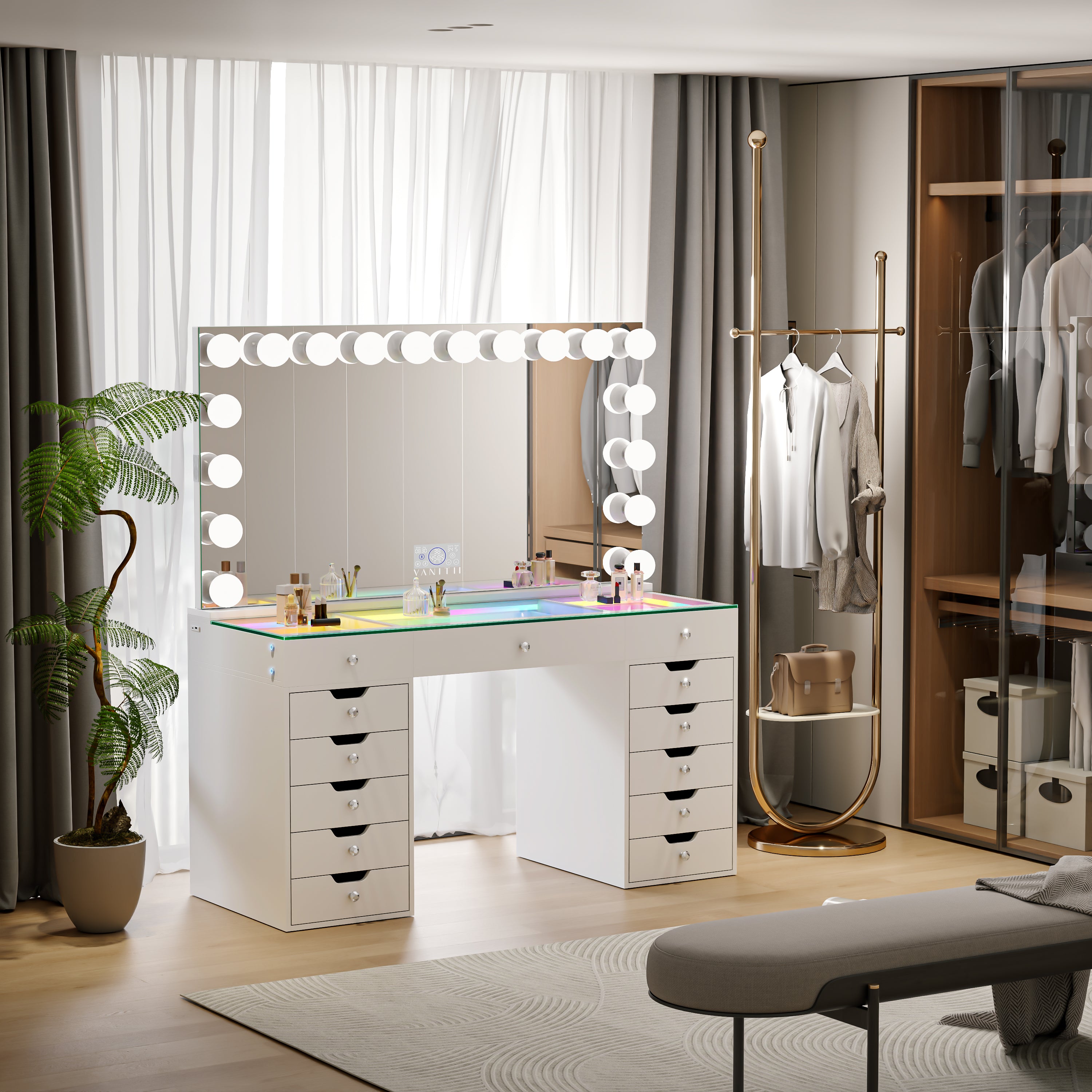 VANITII vanity set in room setup with mirror lights and cosmetics