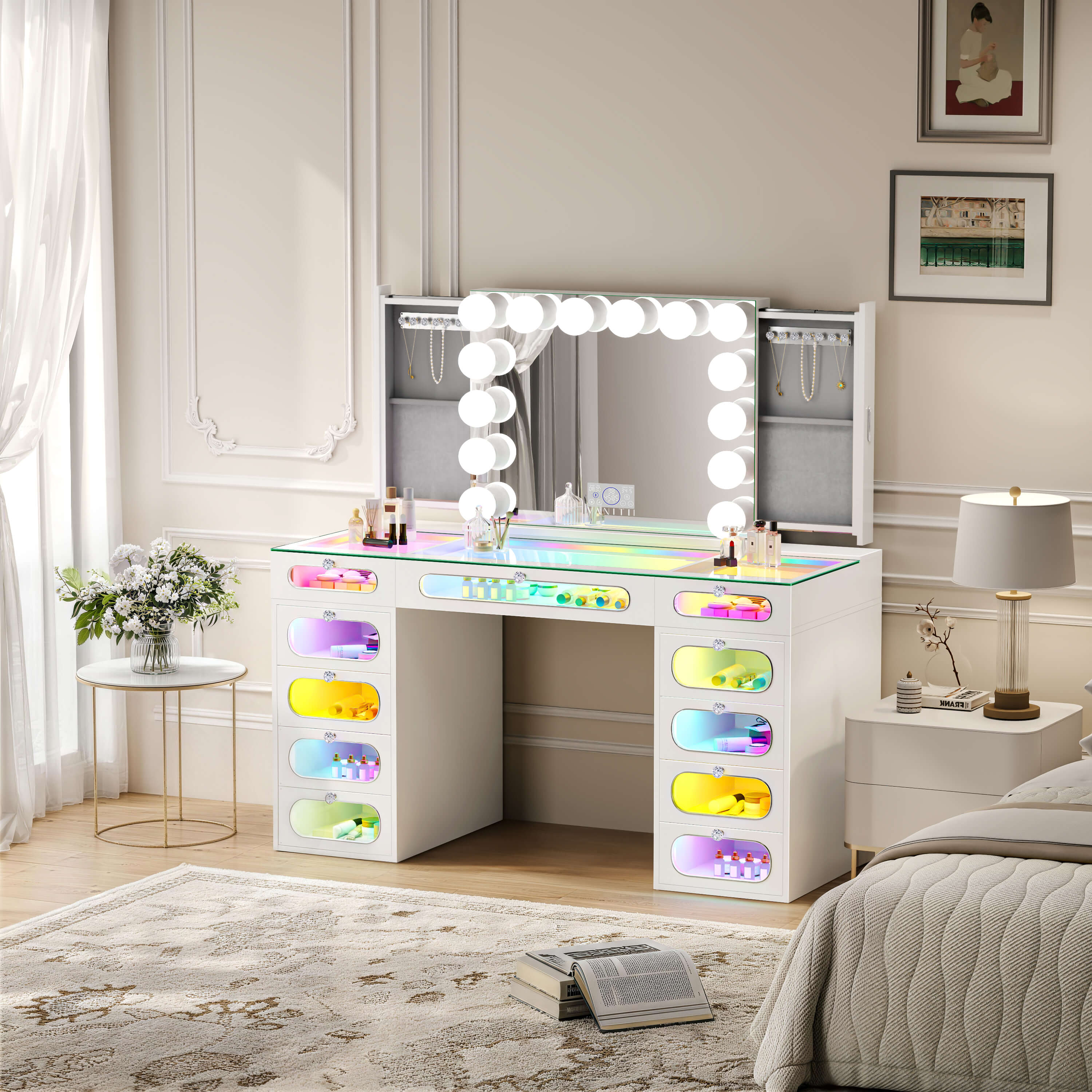 VANITII Priscilla Vanity Set with Hollywood Vanity Mirror Pro with Jewelry Cabinet