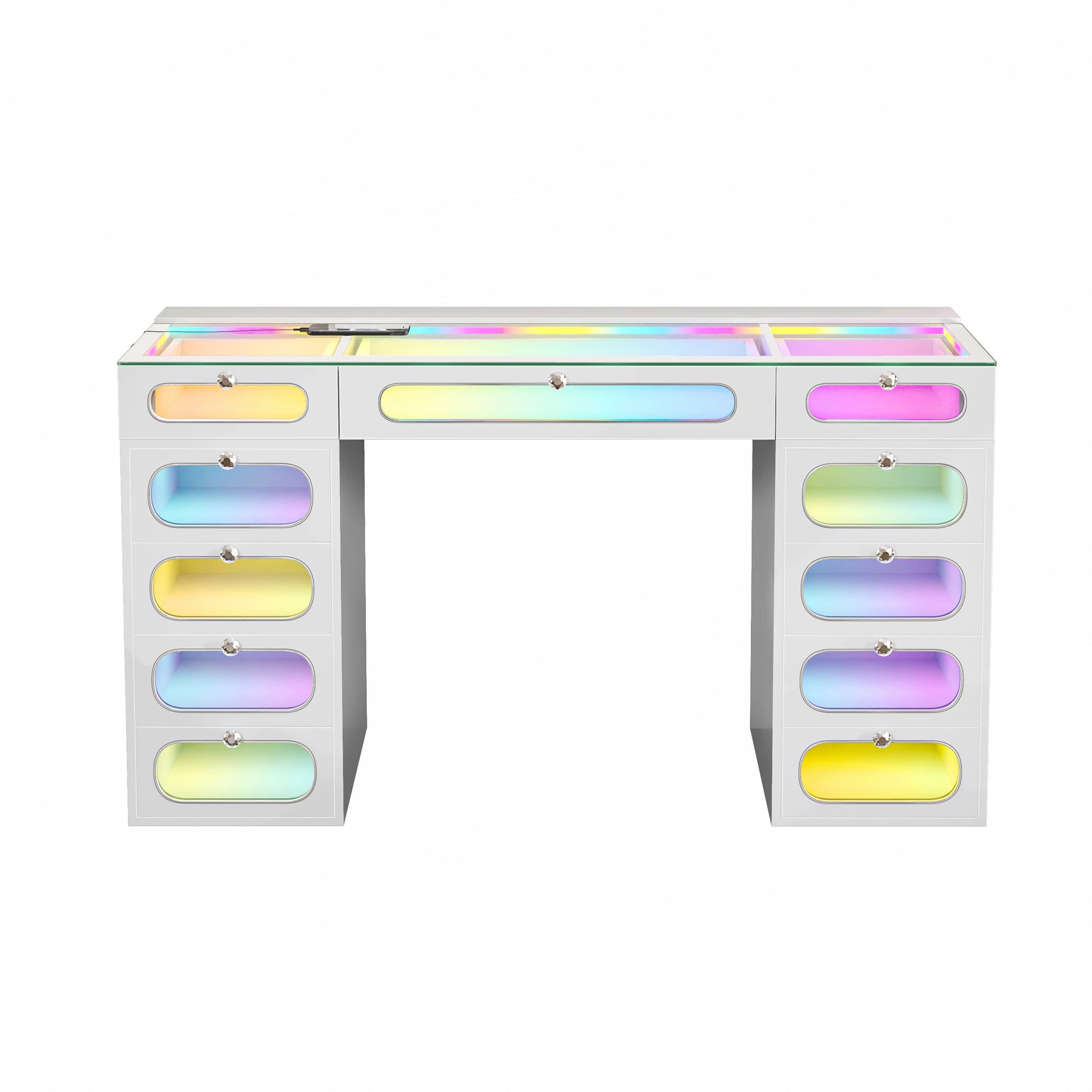 New Release ! VANITII Priscilla Vanity Desk-11 Glass Fronted Drawers with Crystal Handles