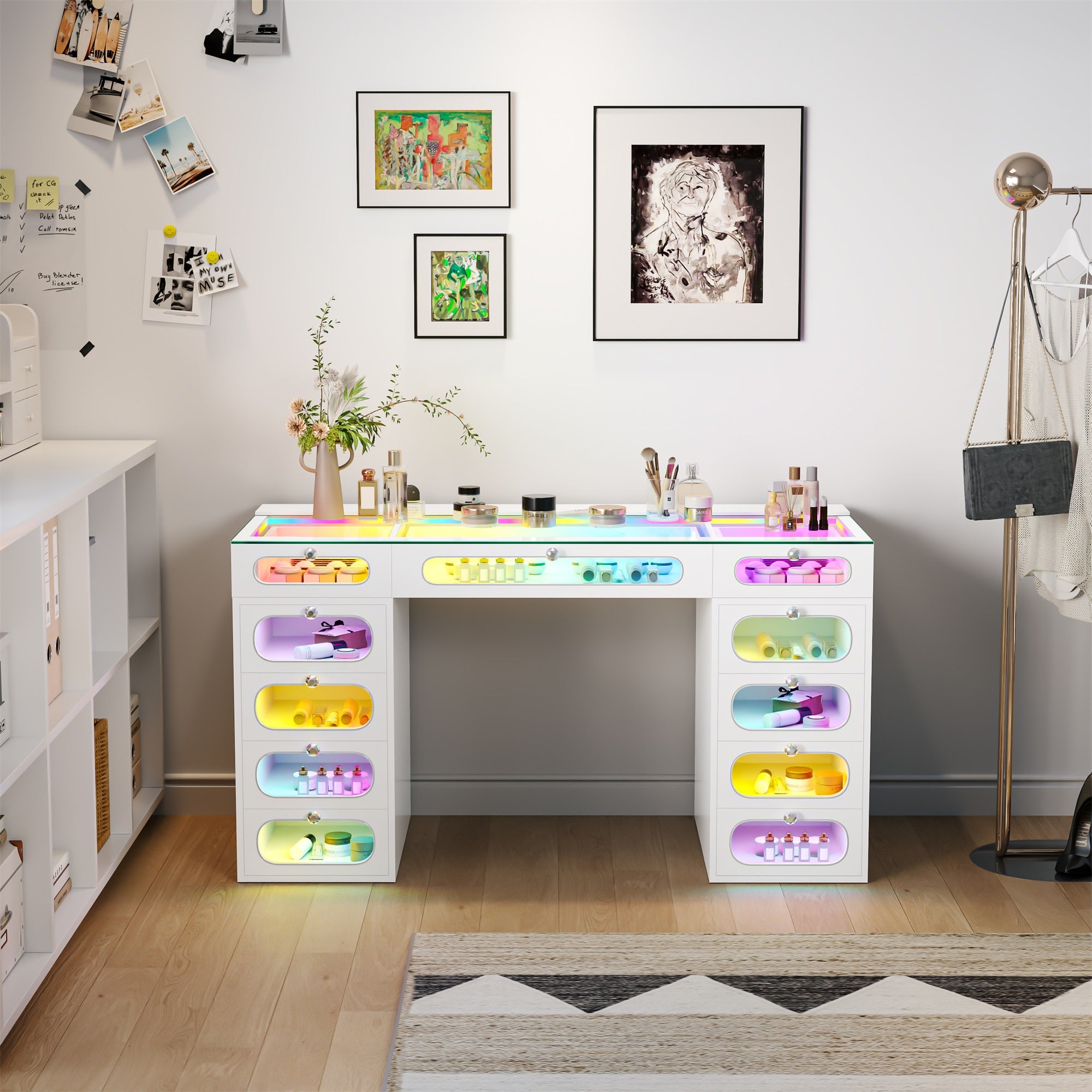 New Release ! VANITII Priscilla Vanity Desk-11 Glass Fronted Drawers with Crystal Handles