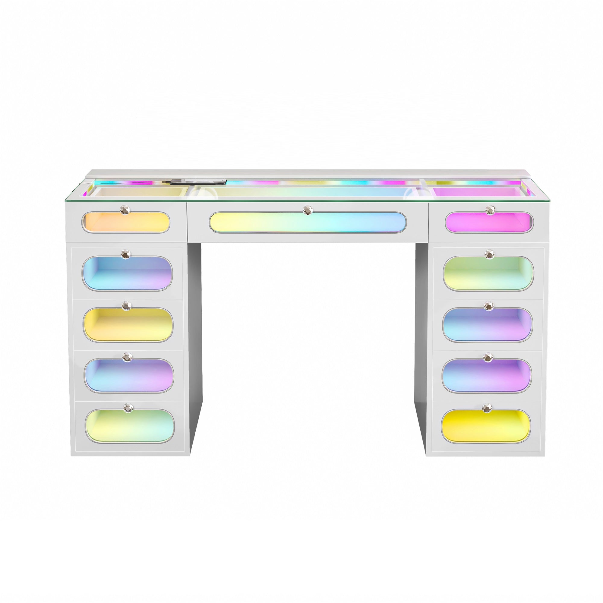 New Release ! VANITII Priscilla Vanity Desk-11 Glass Fronted Drawers with Crystal Handles