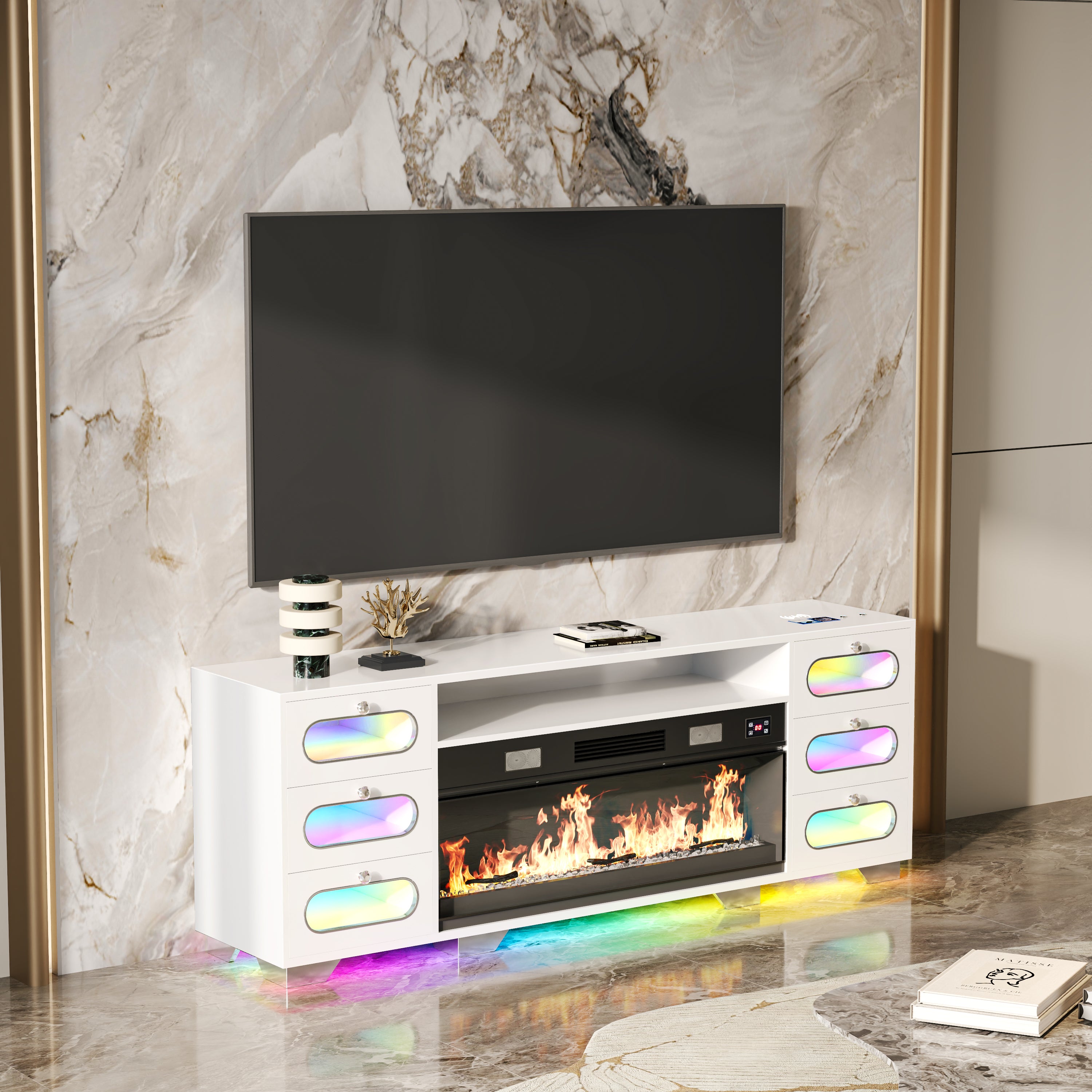 Modern TV stand with electric fireplace and LED lights against a marble wall.