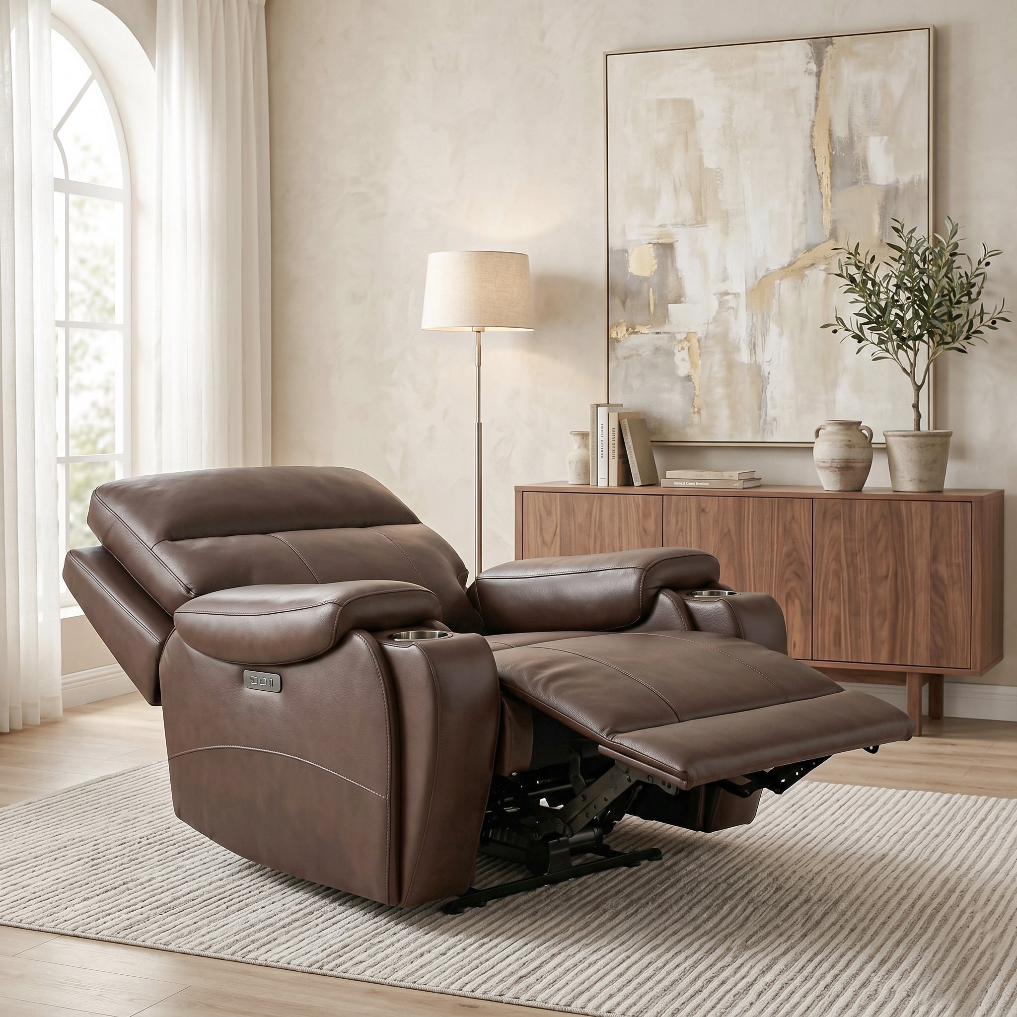 The brown power recliner chair has been adjusted to the fully flat-laid position.
