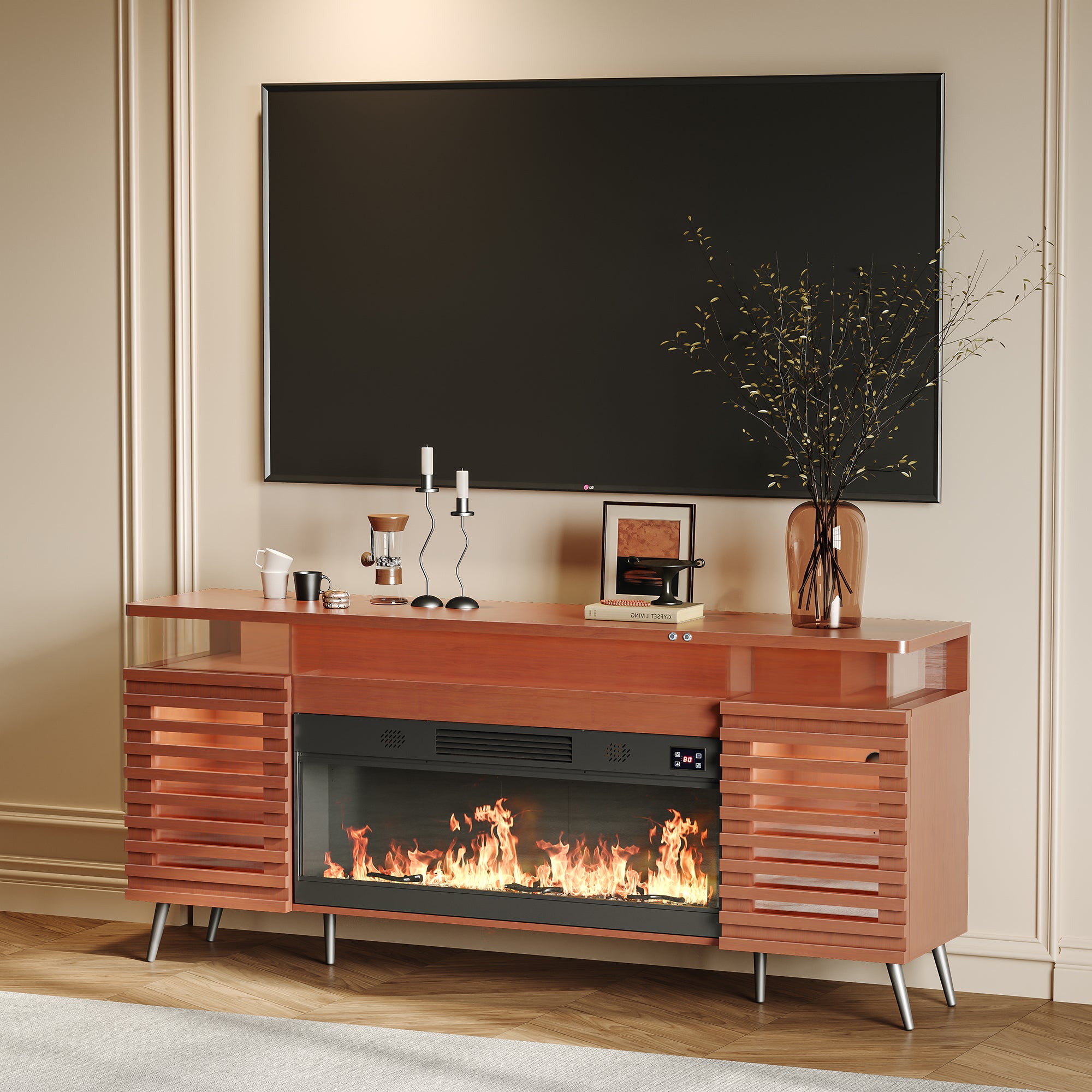 GRACE Fully Assembled 71" TV Stand with Electric Fireplace.It is placed in the living room,being both beautiful and practical.