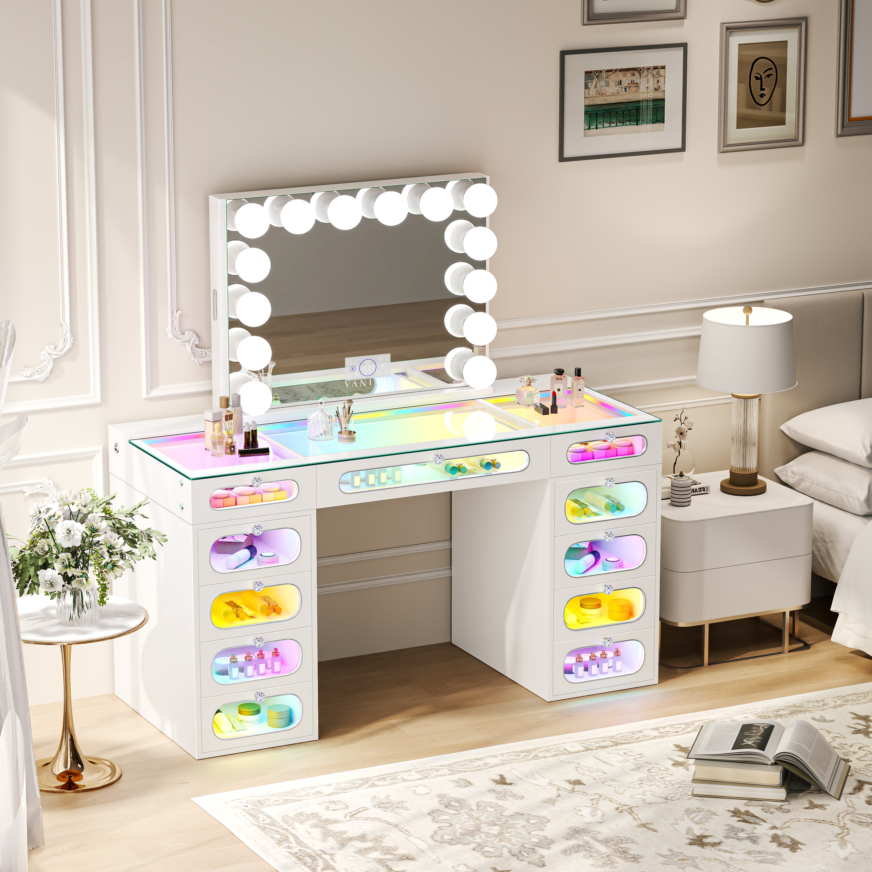 New Release ! VANITII Priscilla Vanity Set with Hollywood Vanity Mirror Pro with Jewelry Cabinet