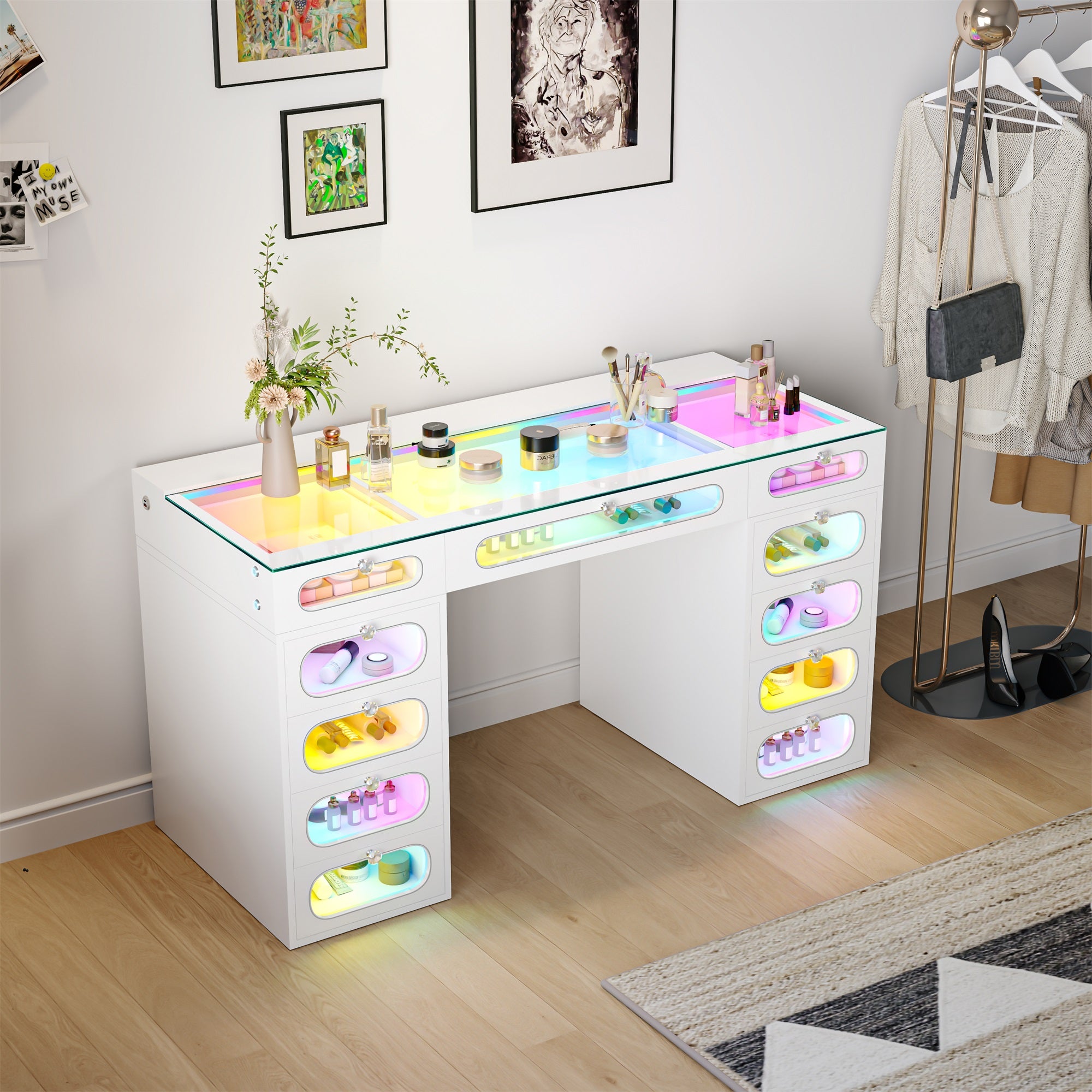 New Release ! VANITII Priscilla Vanity Desk-11 Glass Fronted Drawers with Crystal Handles