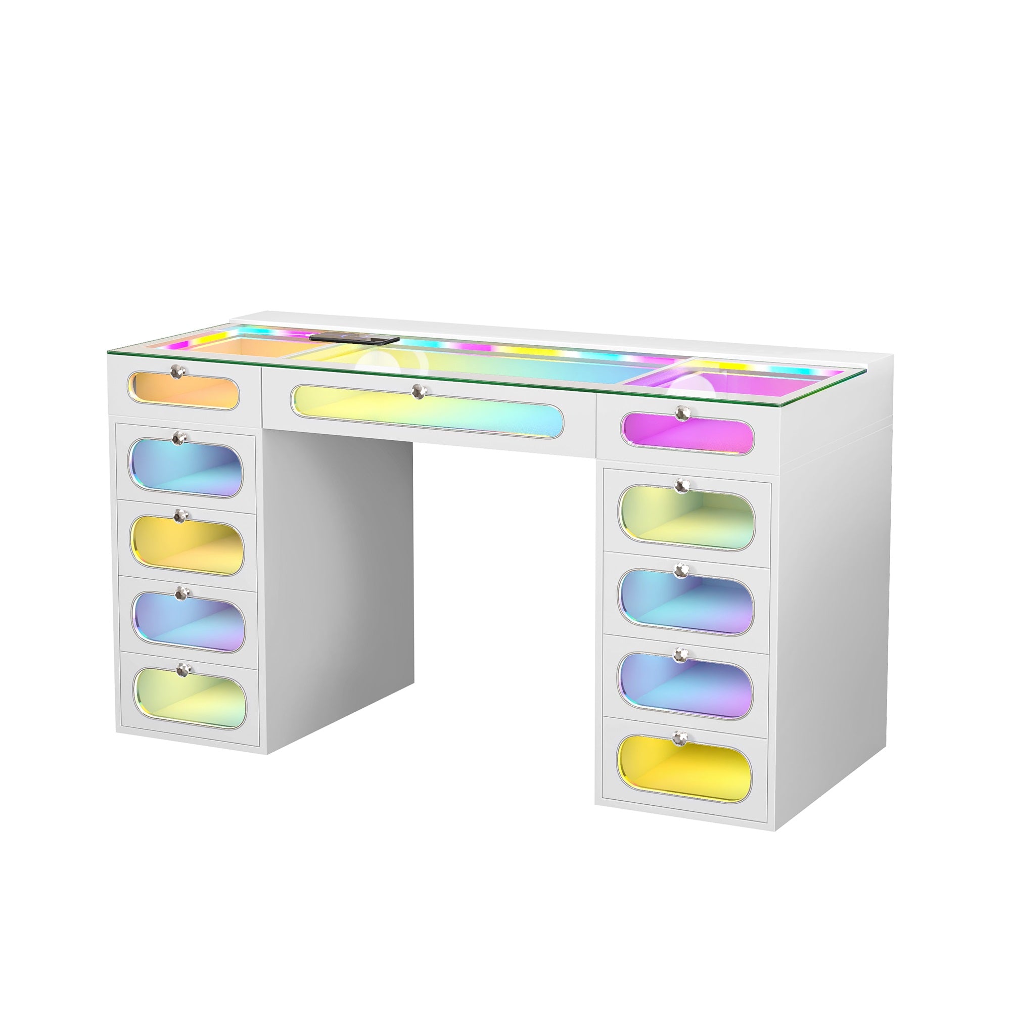 New Release ! VANITII Priscilla Vanity Desk-11 Glass Fronted Drawers with Crystal Handles