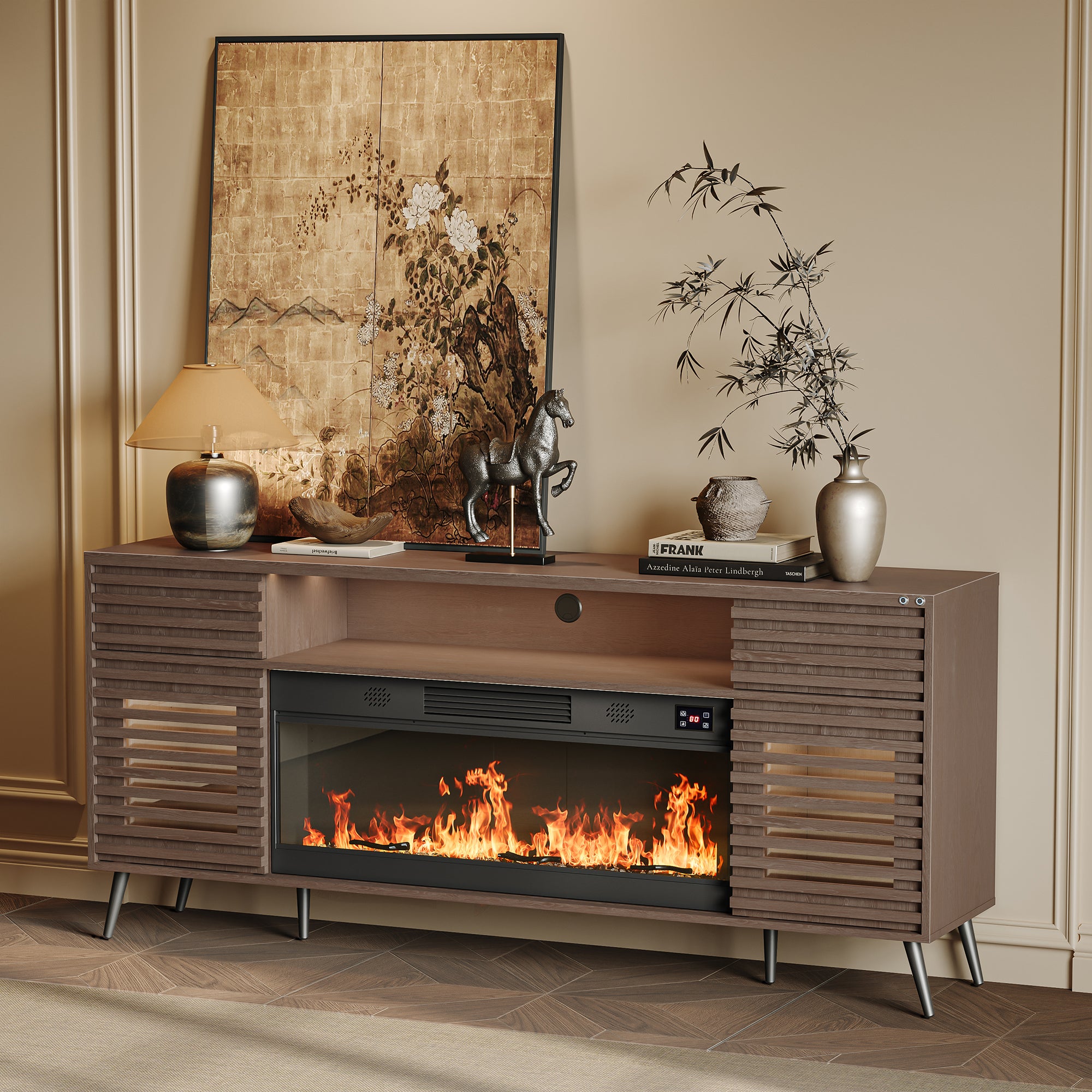 SITA Fully Assembled 71" TV Stand with Electric Fireplace.It is placed in the living room,being both beautiful and practical.
