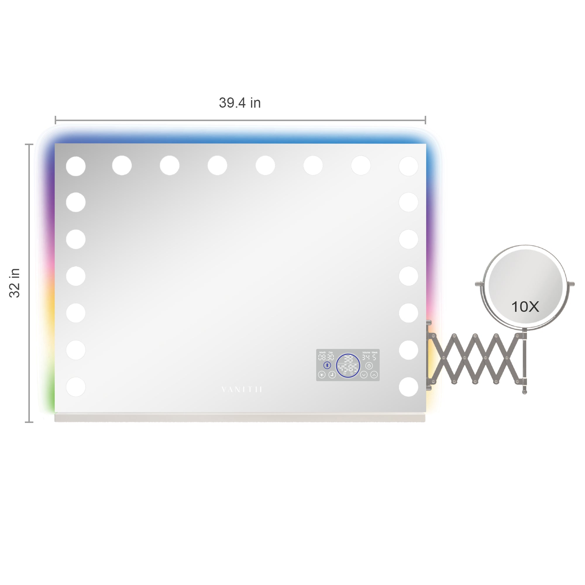 Rectangular mirror with dimensions and magnification indicator on a white background