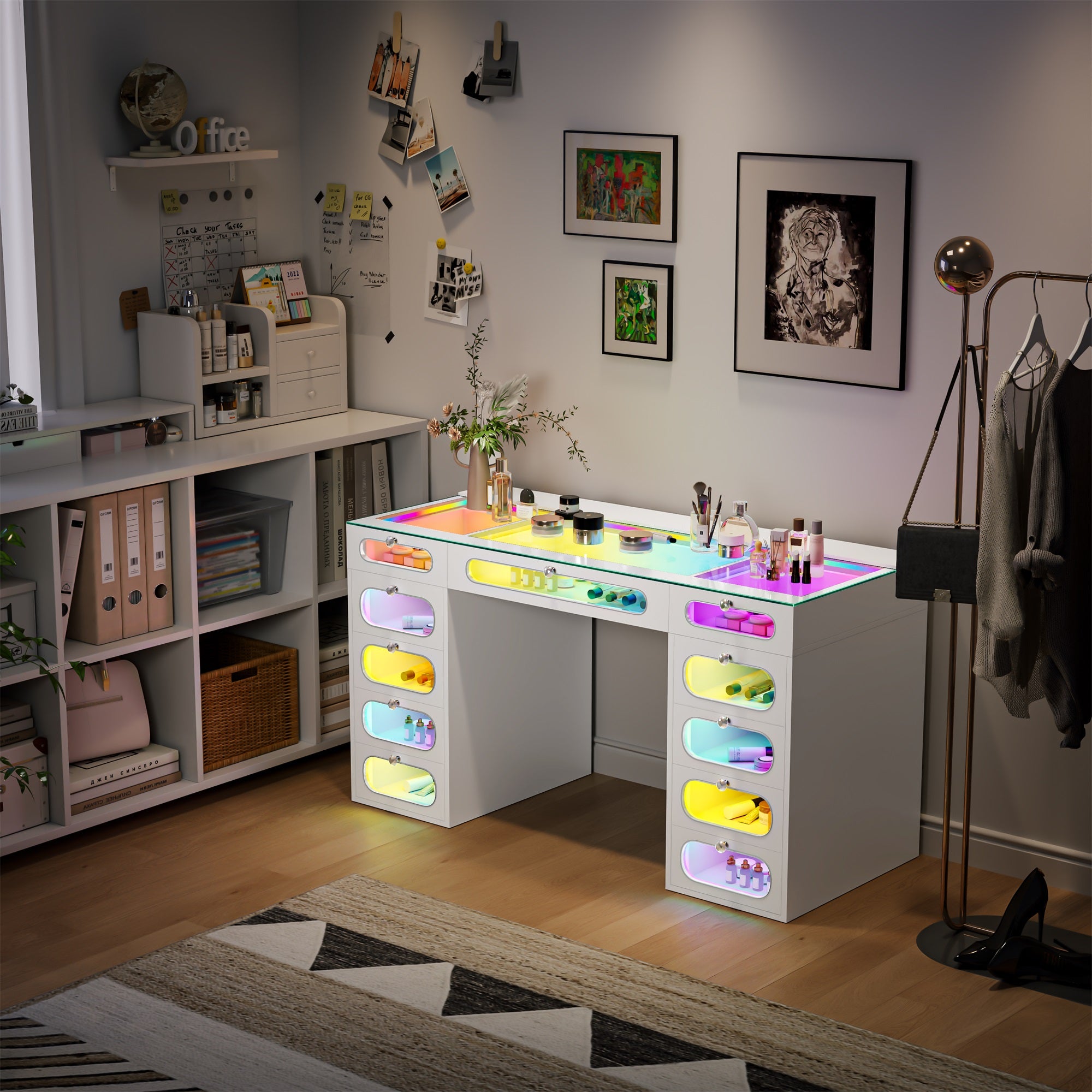 New Release ! VANITII Priscilla Vanity Desk-11 Glass Fronted Drawers with Crystal Handles