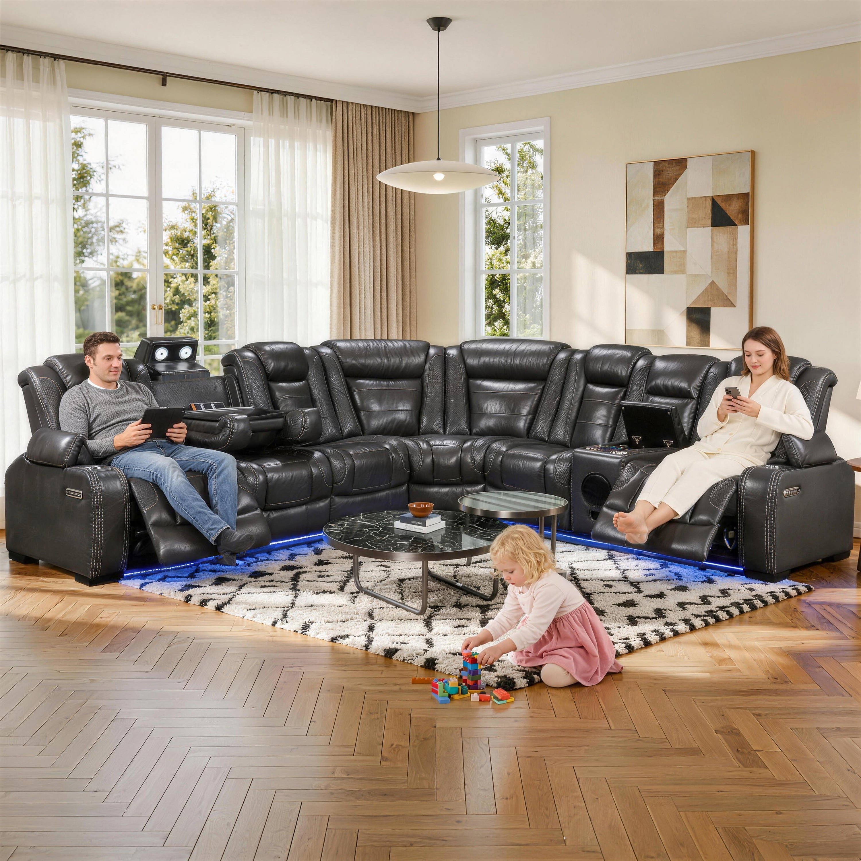 Family is sitting comfortably on the Power Recliner Sectional, taking a rest.