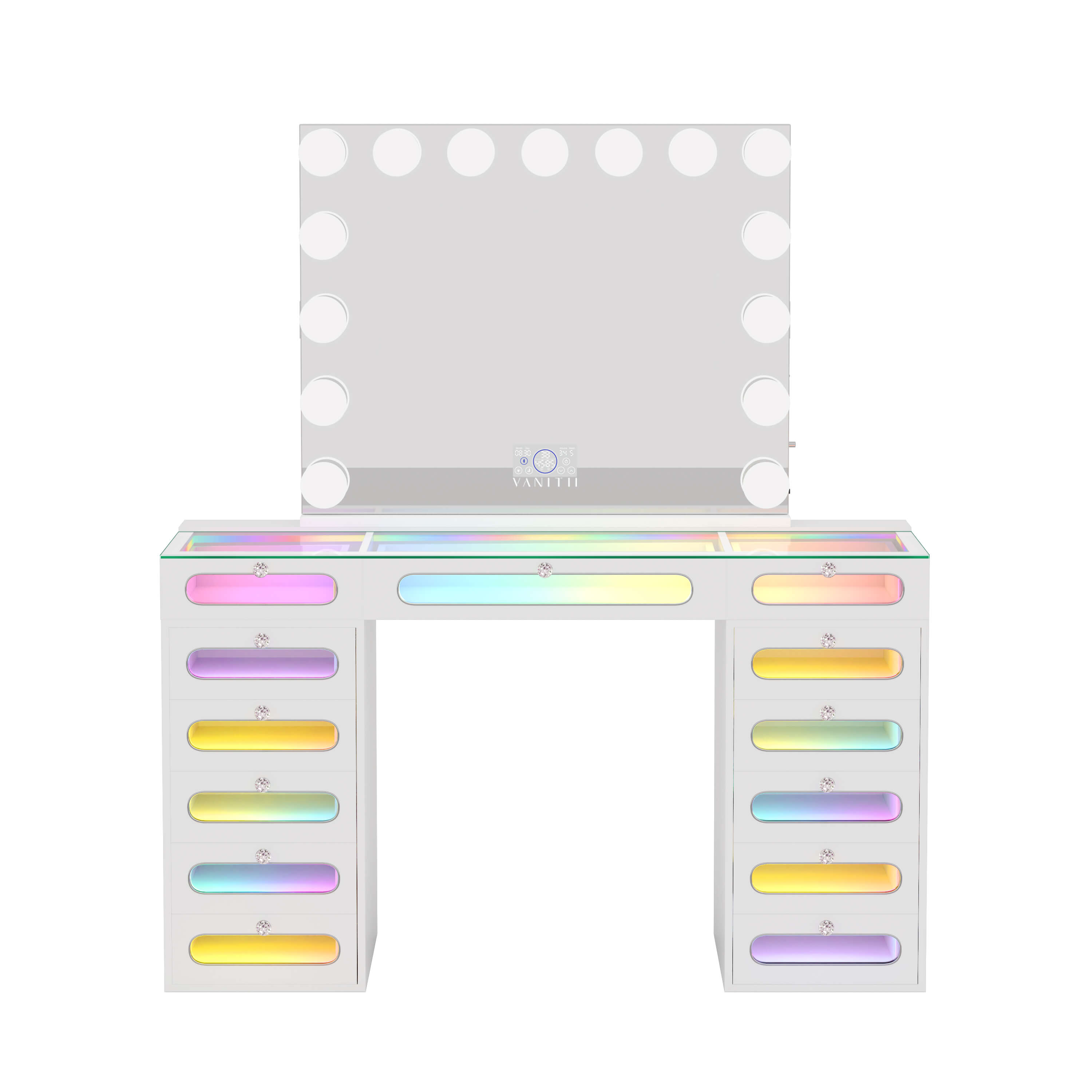 VANITII Priscilla Vanity Desk Set With 13 Drawers & 15 LED Bulbs Mirror