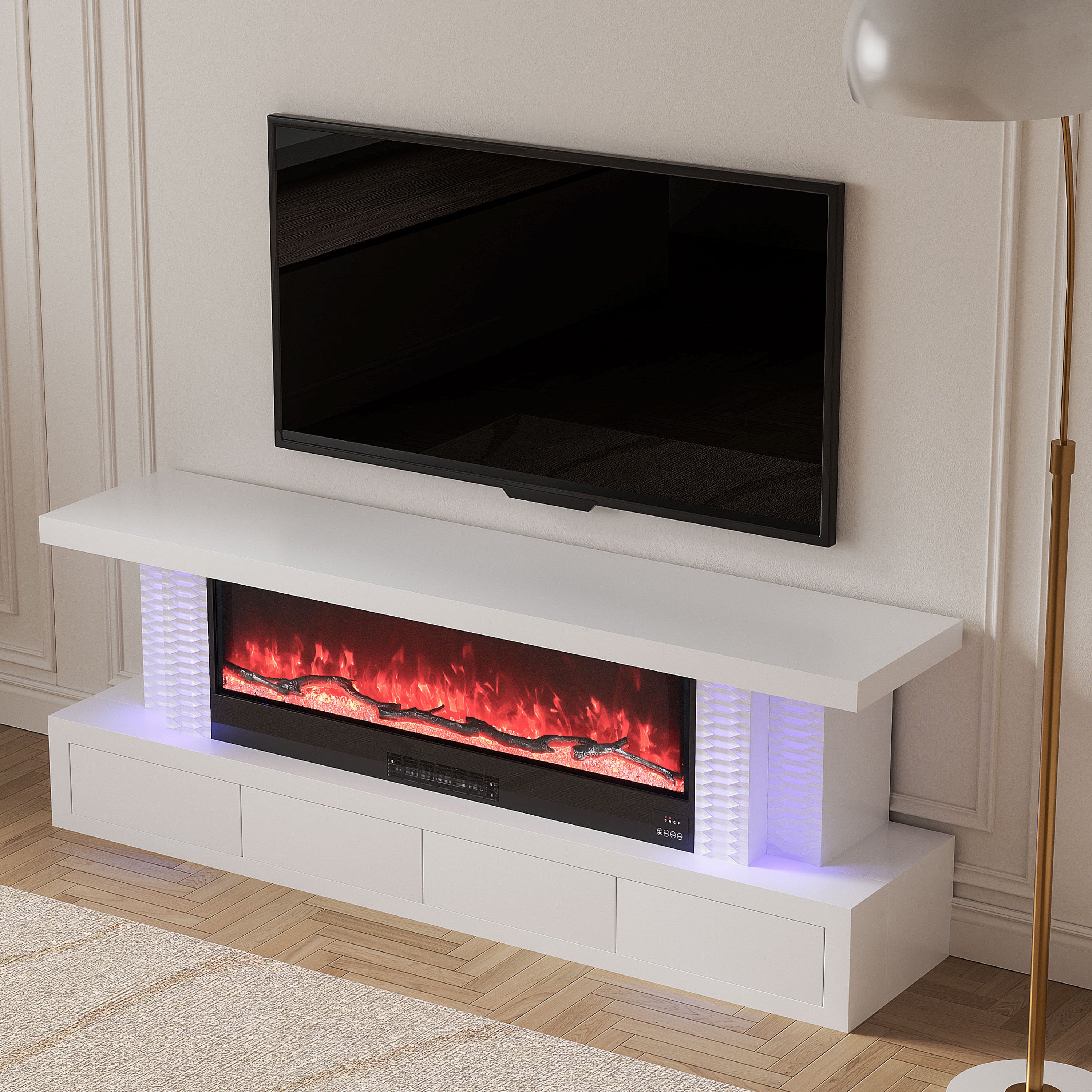 Fully Assembled TV Stand LED Mirrored Fireplace