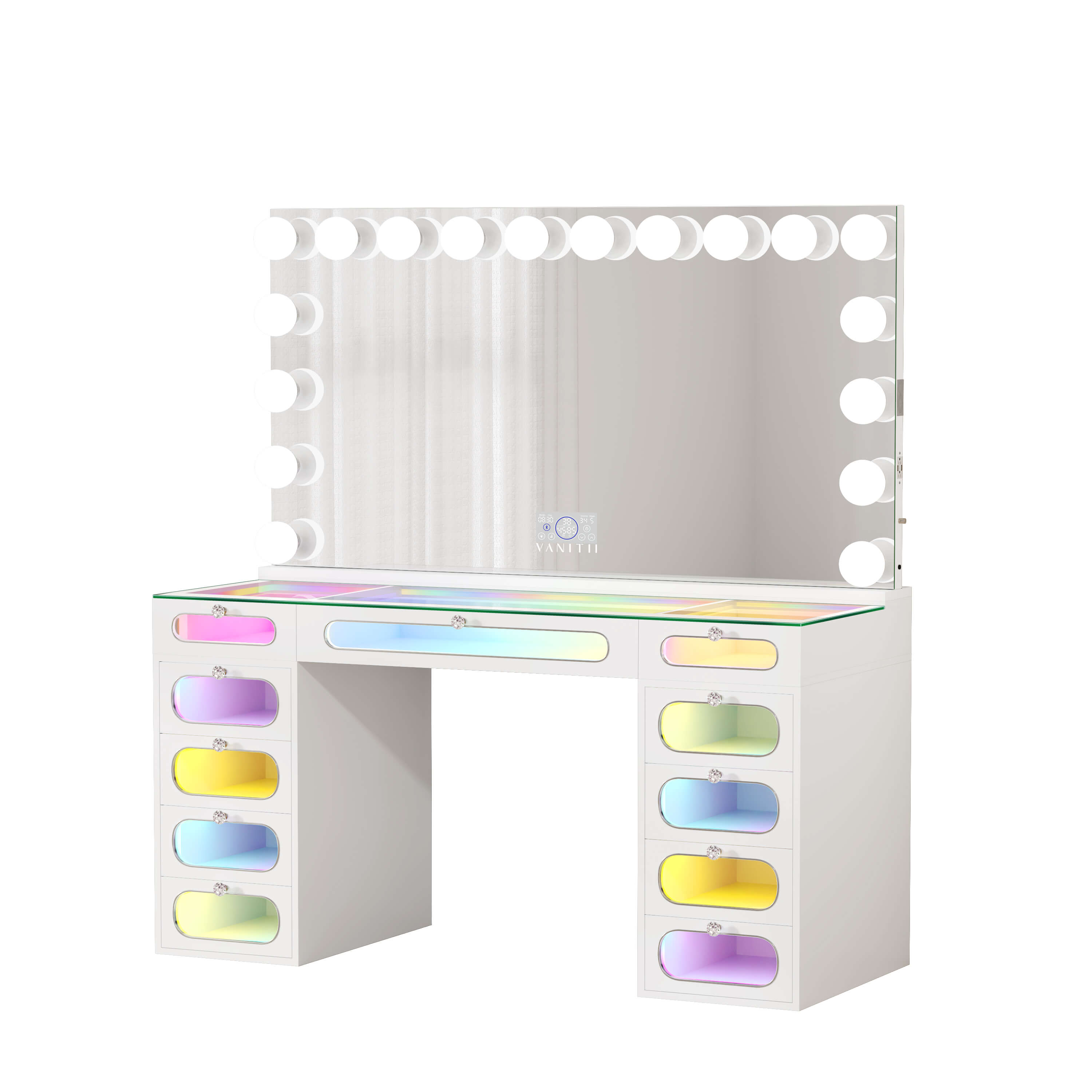 VANITII Priscilla Makeup Vanity Desk Set with 11 Drawers & 18 LED Bulbs Mirror