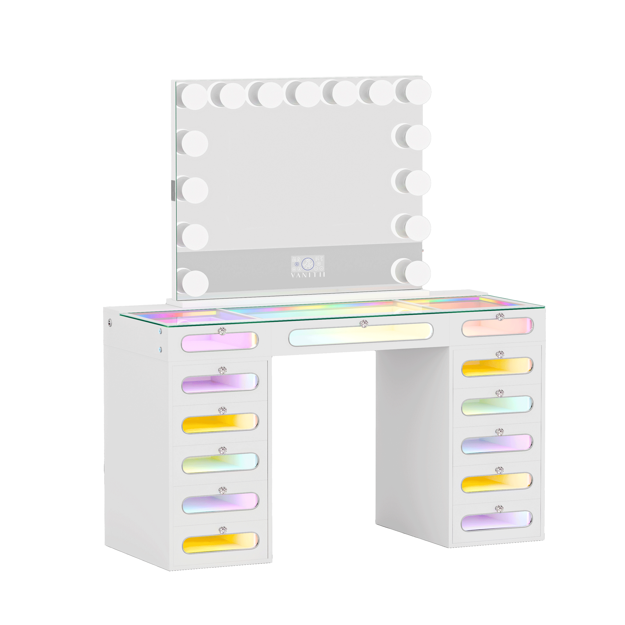 VANITII Priscilla Vanity Desk Set With 13 Drawers & 15 LED Bulbs Mirror