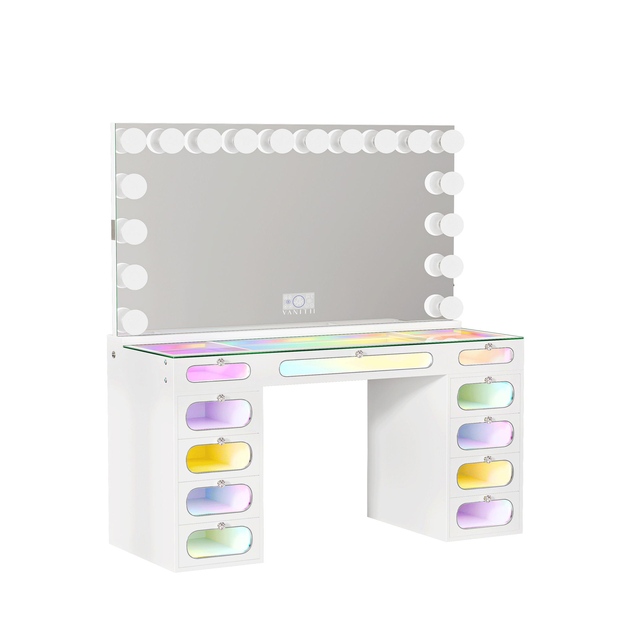 VANITII Priscilla Makeup Vanity Desk Set with 11 Drawers & 18 LED Bulbs Mirror