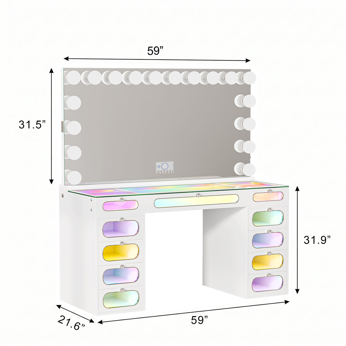 Detailed dimension specifications and drawer measurements for Priscilla 11-drawer desk vanity set