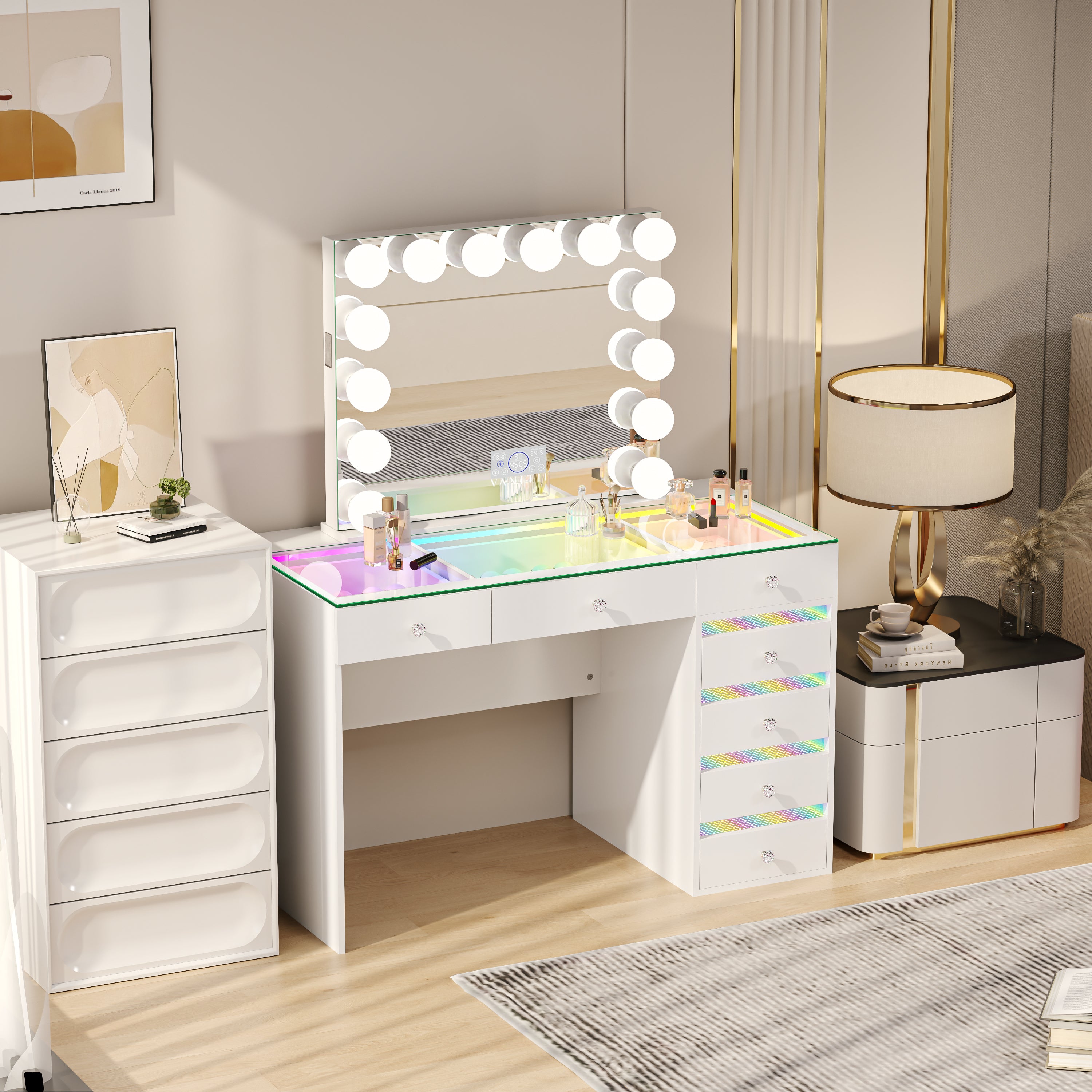 VANITII Fenair Vanity Set with 7 Drawers with 14 Bulbs Hollywood Vanity Mirror