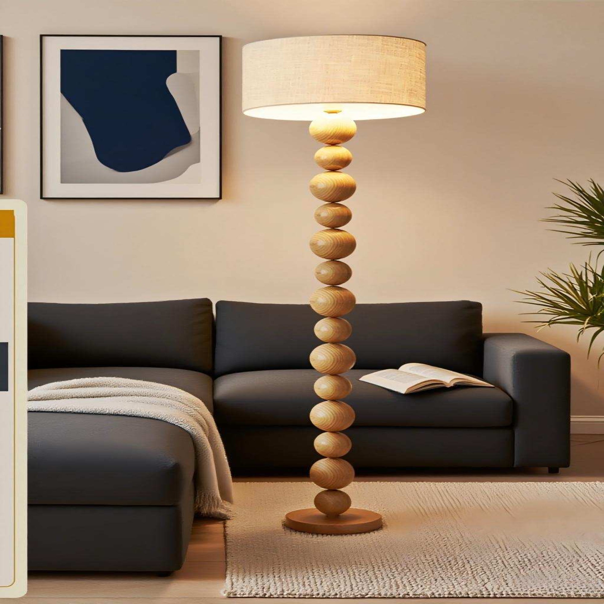 Wooden Ball String Floor Lamp, Iron Transfer Stand, Linen Shade, Japanese Wood Style Warm Light