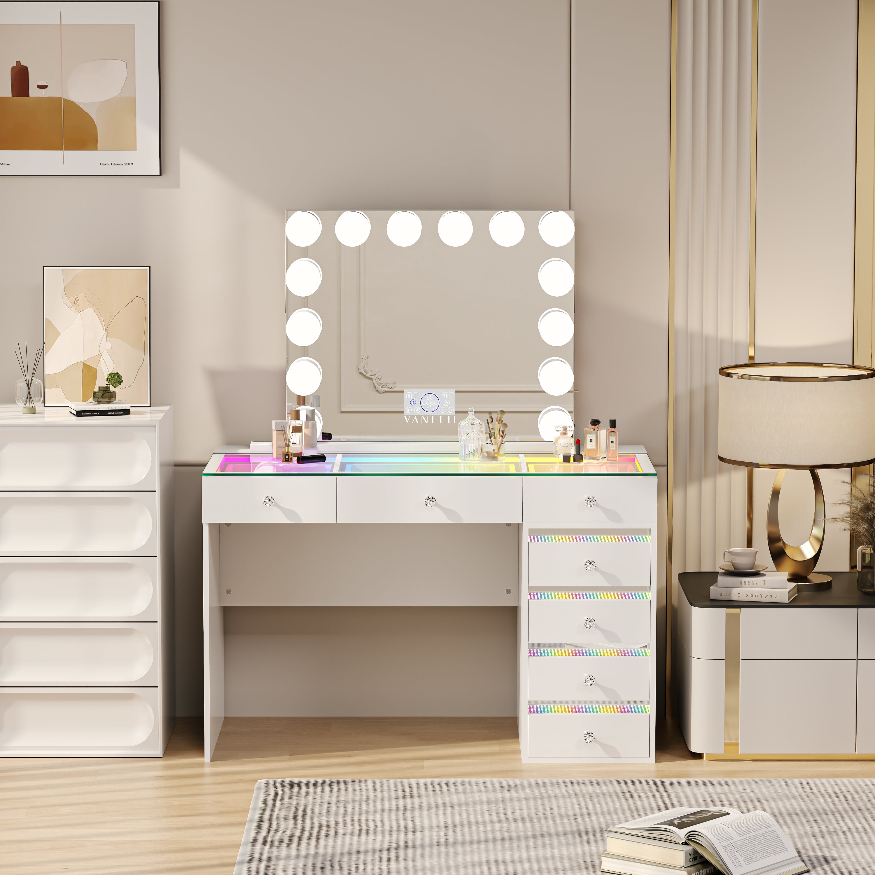 VANITII Fenair Vanity Set with 7 Drawers with 14 Bulbs Hollywood Vanity Mirror