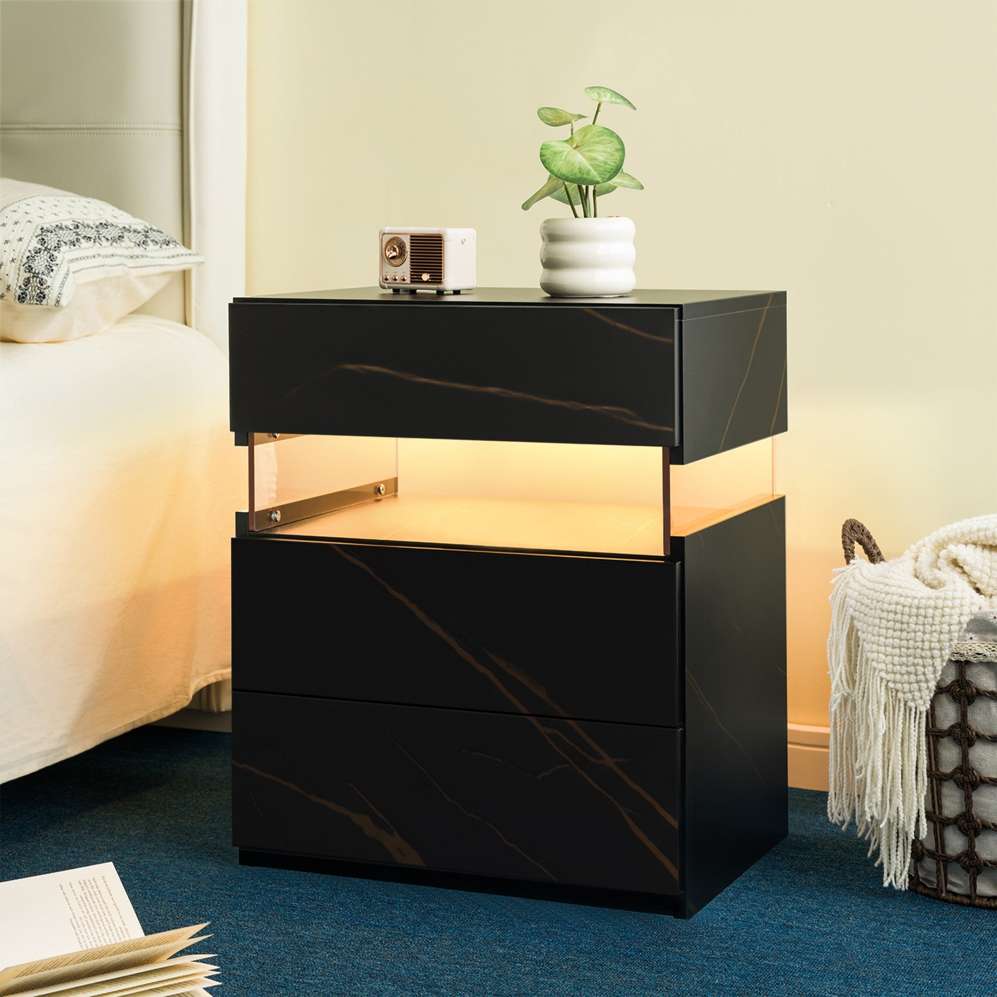 LED Nightstands 3 Drawer Dresser for Bedroom End Table with Acrylic Board LED Bedside Tables for Bedroom Living Room