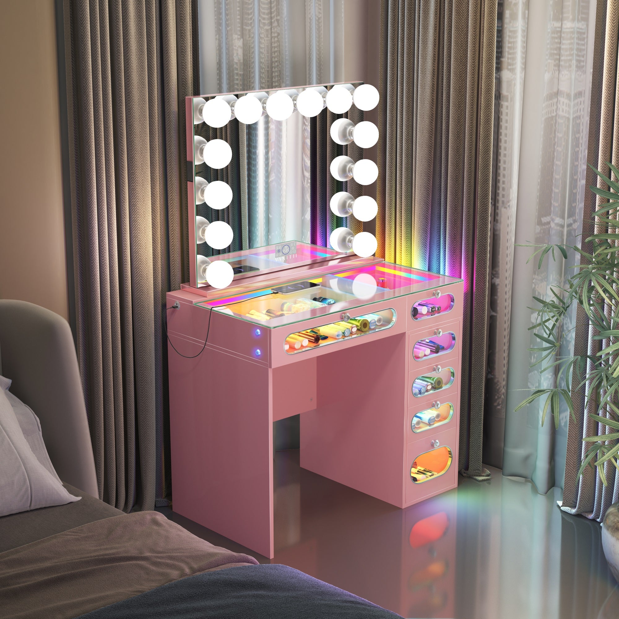 New Release ! VANITII 6 Glass Fronted Drawers Vanity Desk with Marilyn Vanity Mirror