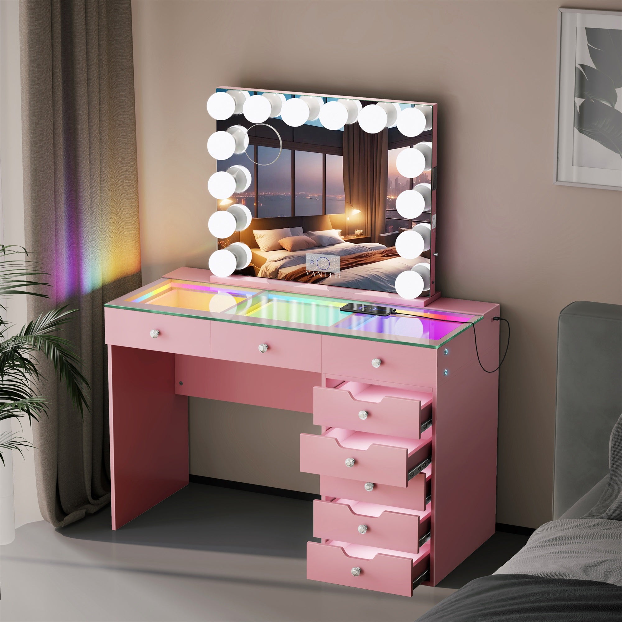 VANITII Diana 8 Drawers Vanity Desk Set with RGB and Full Light