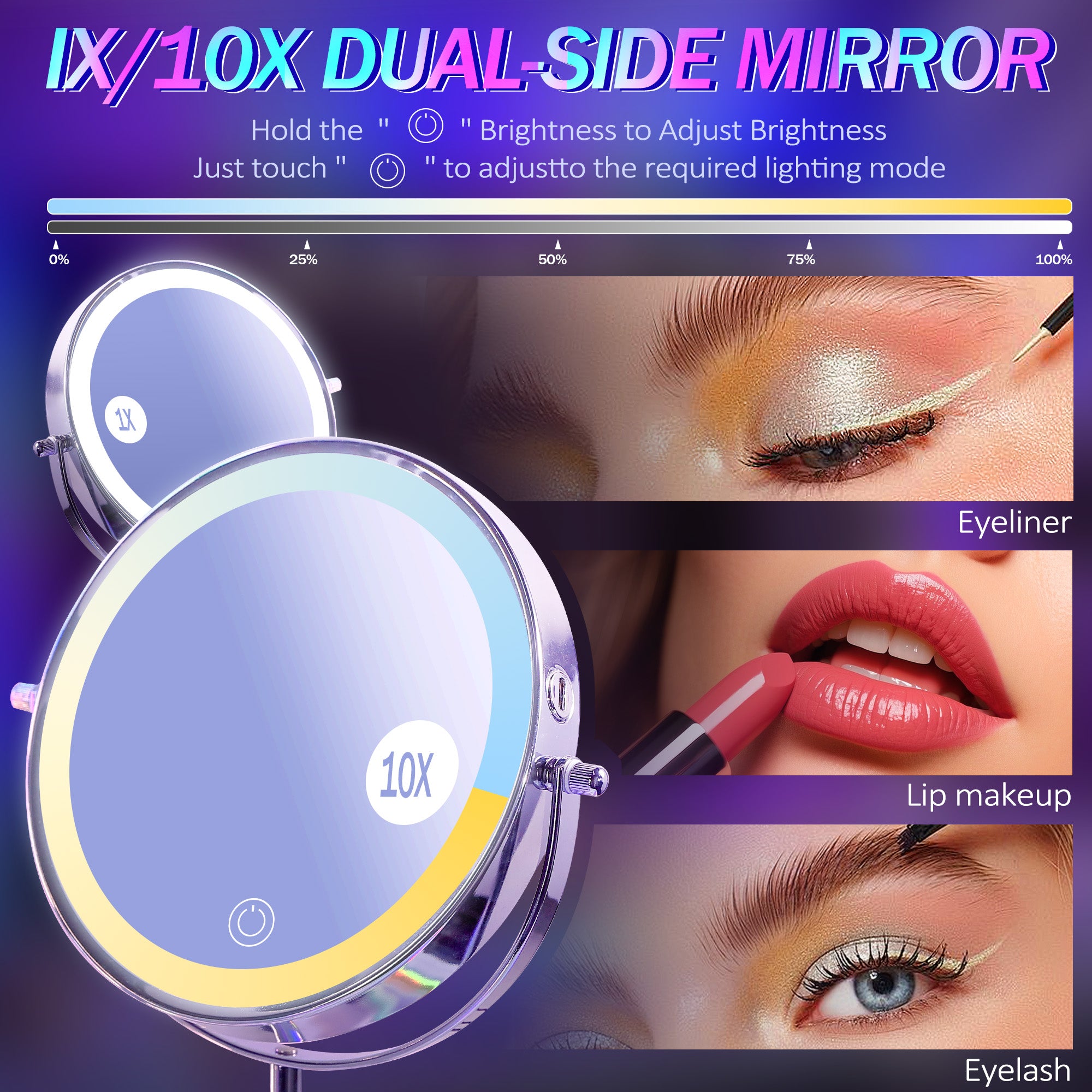 Makeup mirror with 10x magnification and lighting controls, shown with makeup application.