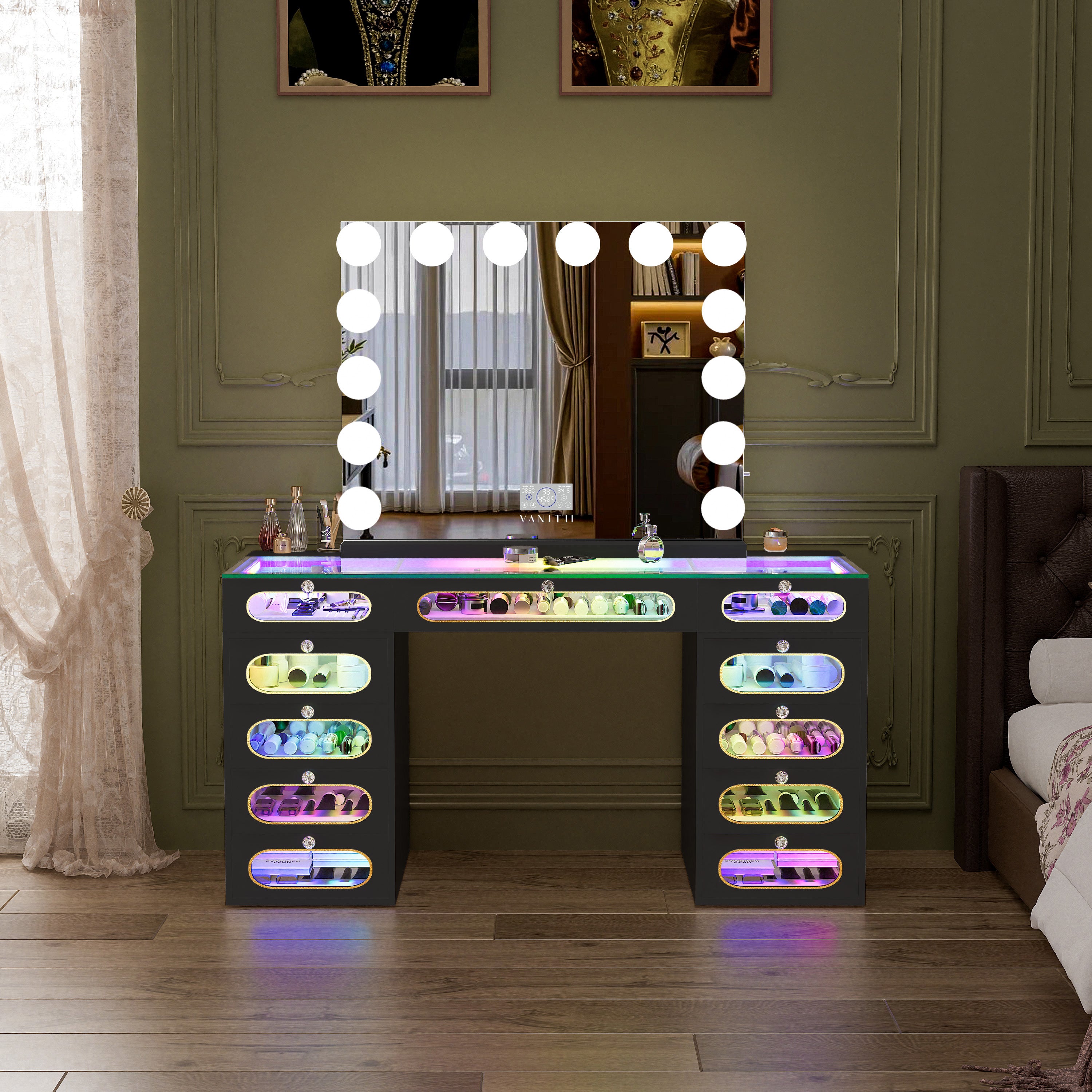New Release ! VANITII Priscilla Vanity Desk-11 Glass Fronted Drawers Vanity Set