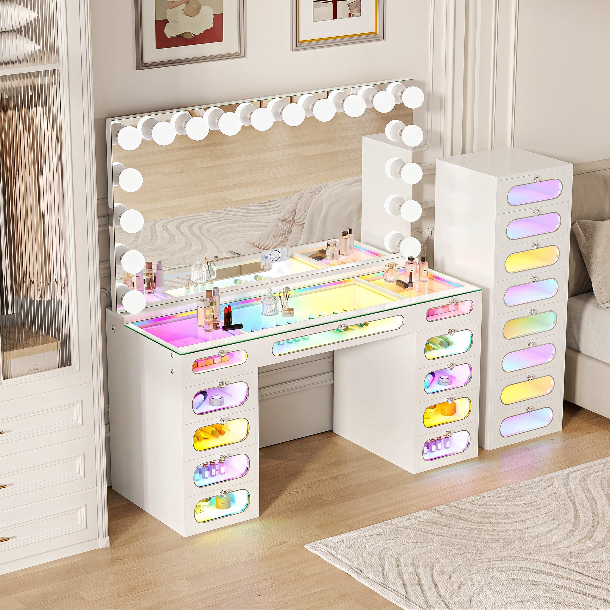 VANITII Priscilla Makeup Vanity Desk Set with 11 Drawers & 18 LED Bulbs Mirror