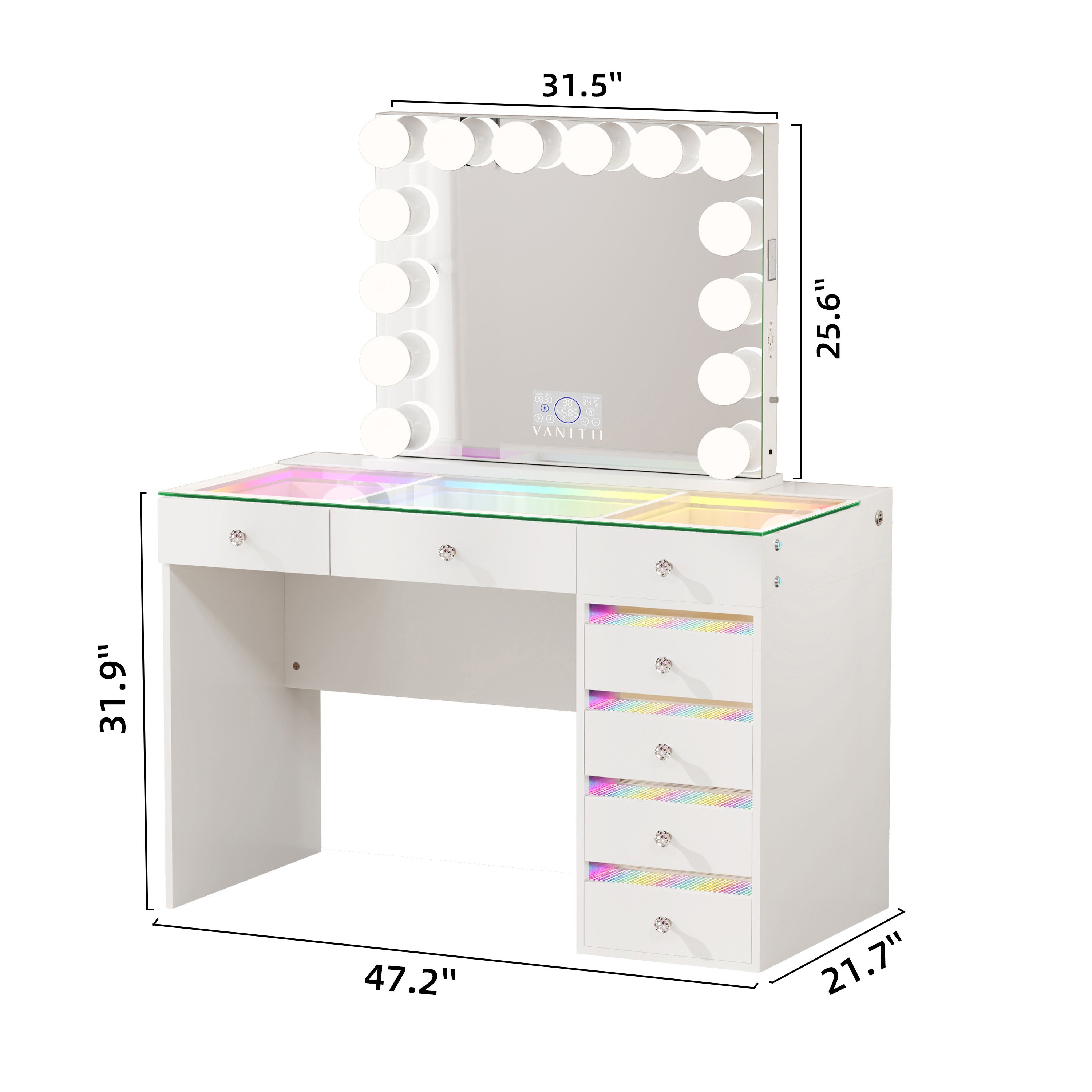 VANITII Fenair Vanity Set with 7 Drawers with 14 Bulbs Hollywood Vanity Mirror