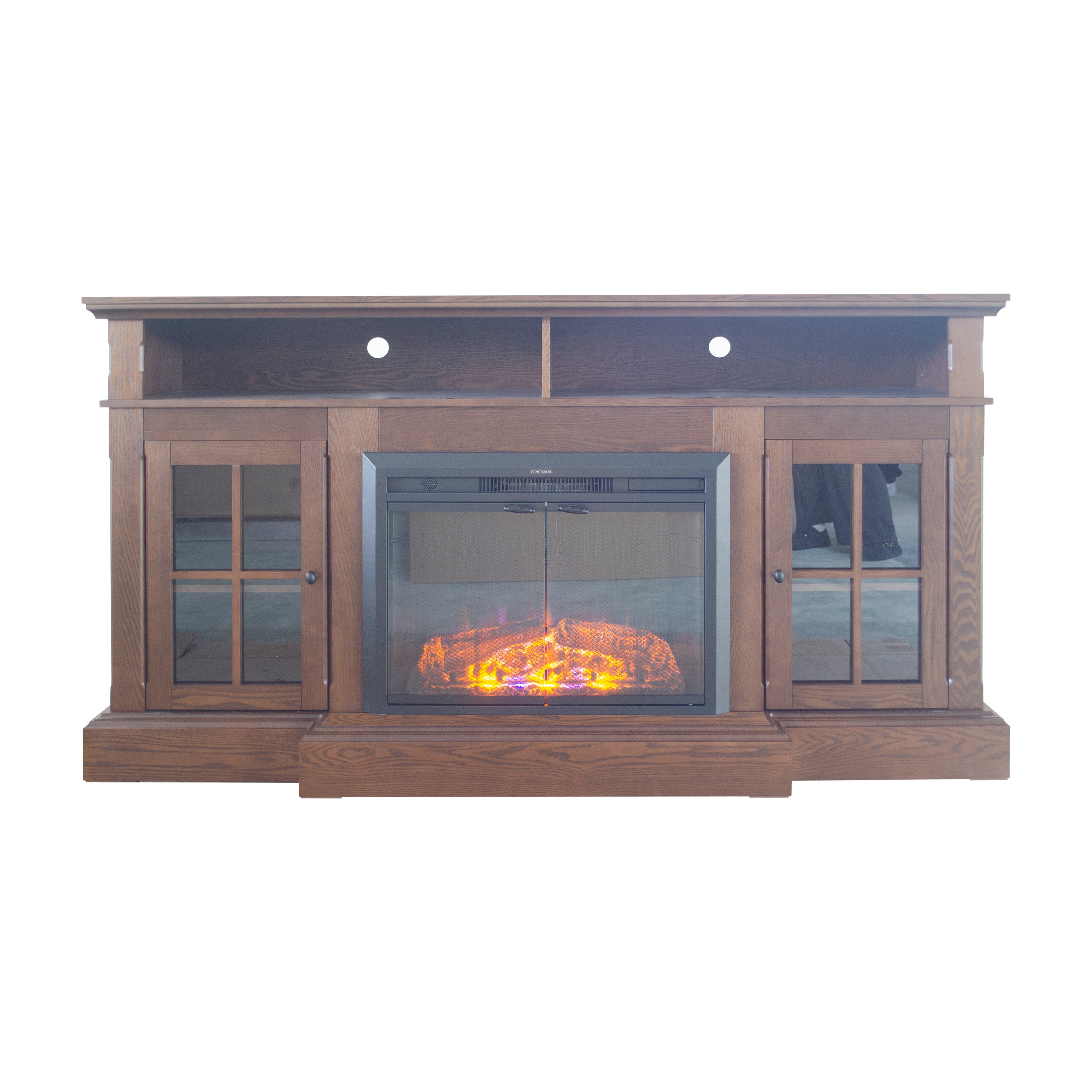 Dark Brown Birch Wood Veneer Fireplace TV Stand