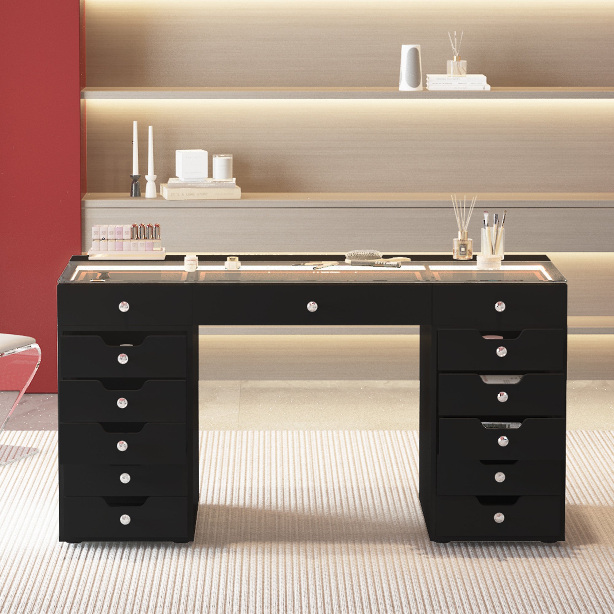VANITII Eva Vanity Desk - 13 Storage Drawers -Black