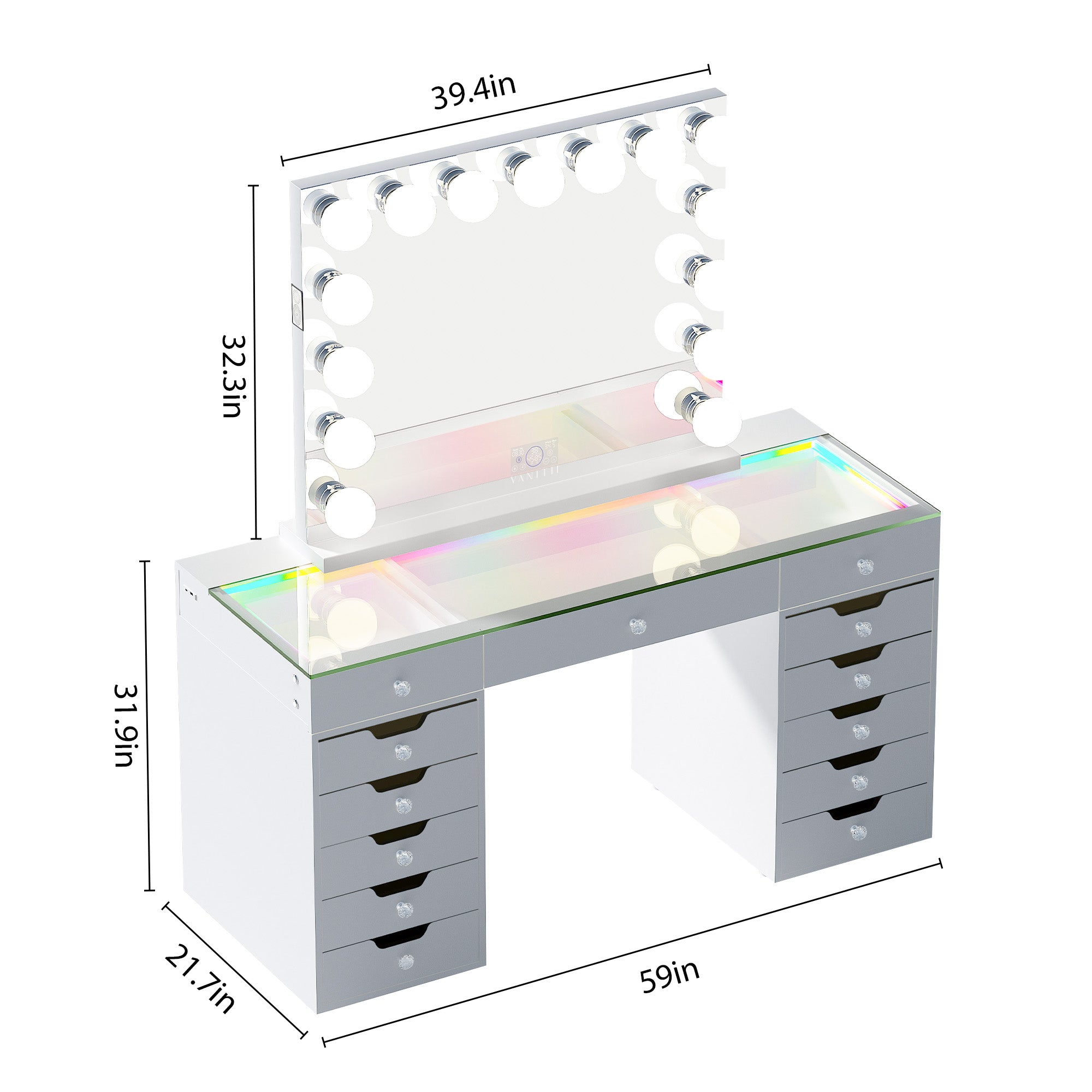 Promotion Deal! VANITII Eva-RGB Vanity Desk Set with 13 Storage Drawers and 15 Bulbs Light Mirror