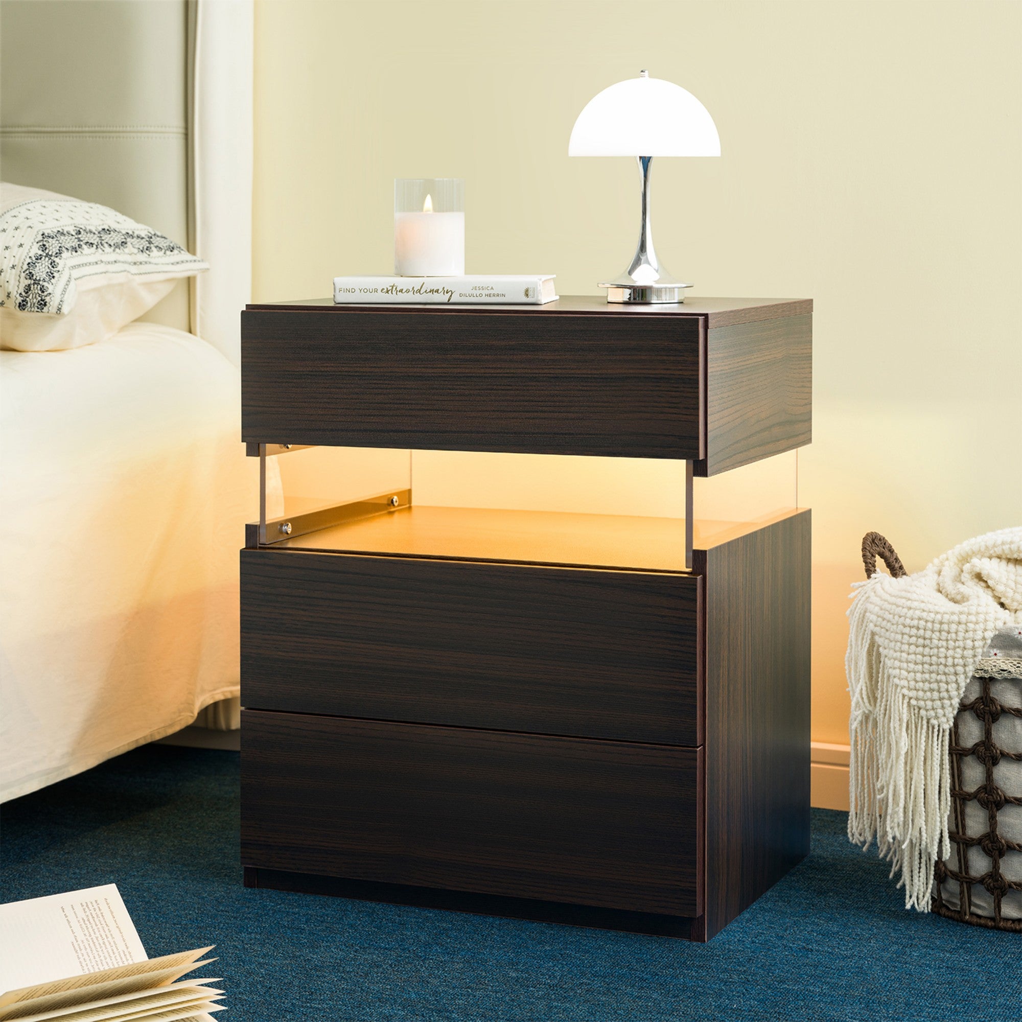 LED Nightstands 3 Drawer Dresser for Bedroom End Table with Acrylic Board LED Bedside Tables for Bedroom Living Room