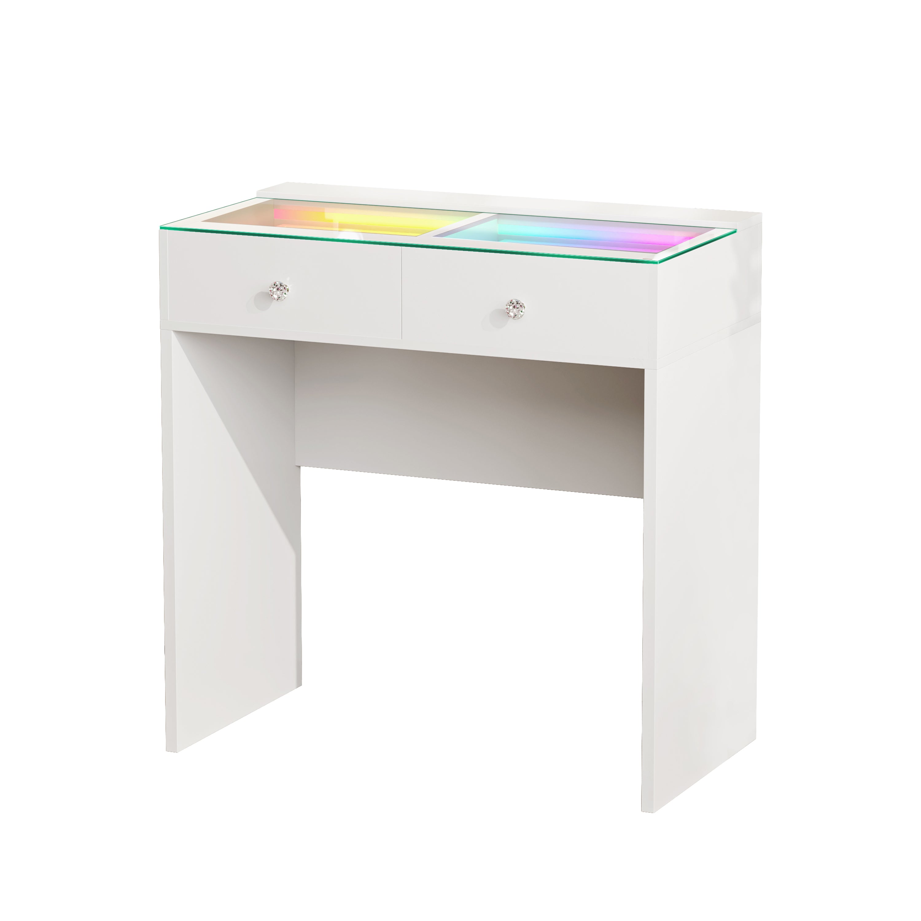 The VANITII Scarlet Vanity Desk features 2 crystal-knob drawers,USB&Type-C Ports and RGB strip light. It adopts a simple white design, perfectly combining beauty and functionality.