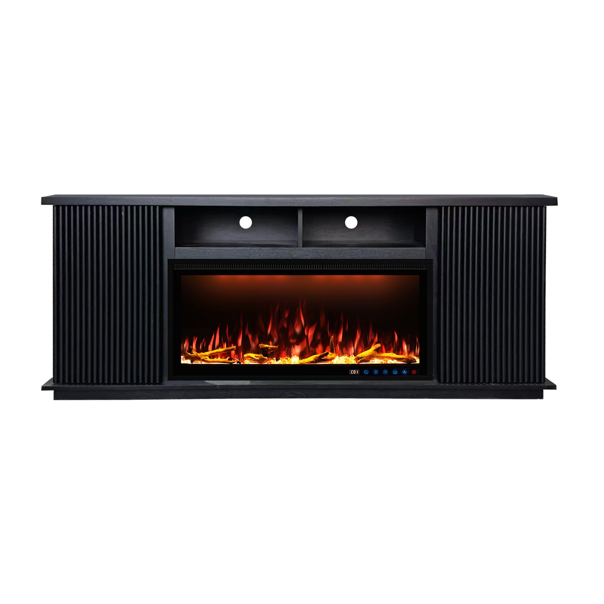 Fully Assembled 70" Black Okoume Veneer Fireplace TV Stand