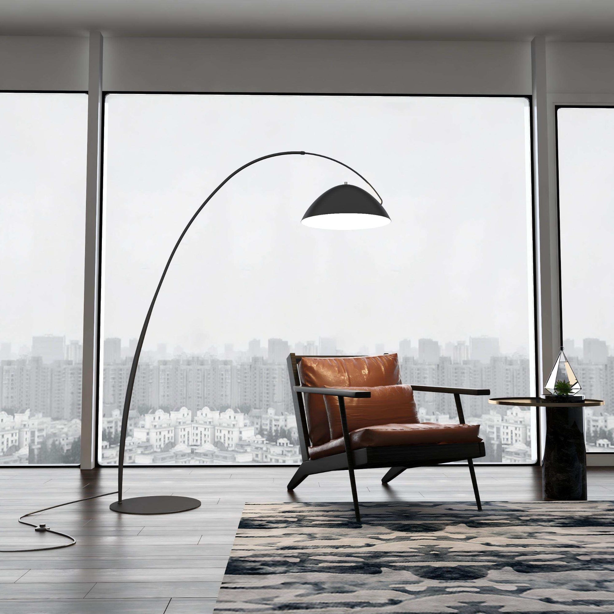 Modern Arc Floor Lamp - Black Curved Arm with Dome Shade, Minimalist Reading Light for Living Room & Bedroom