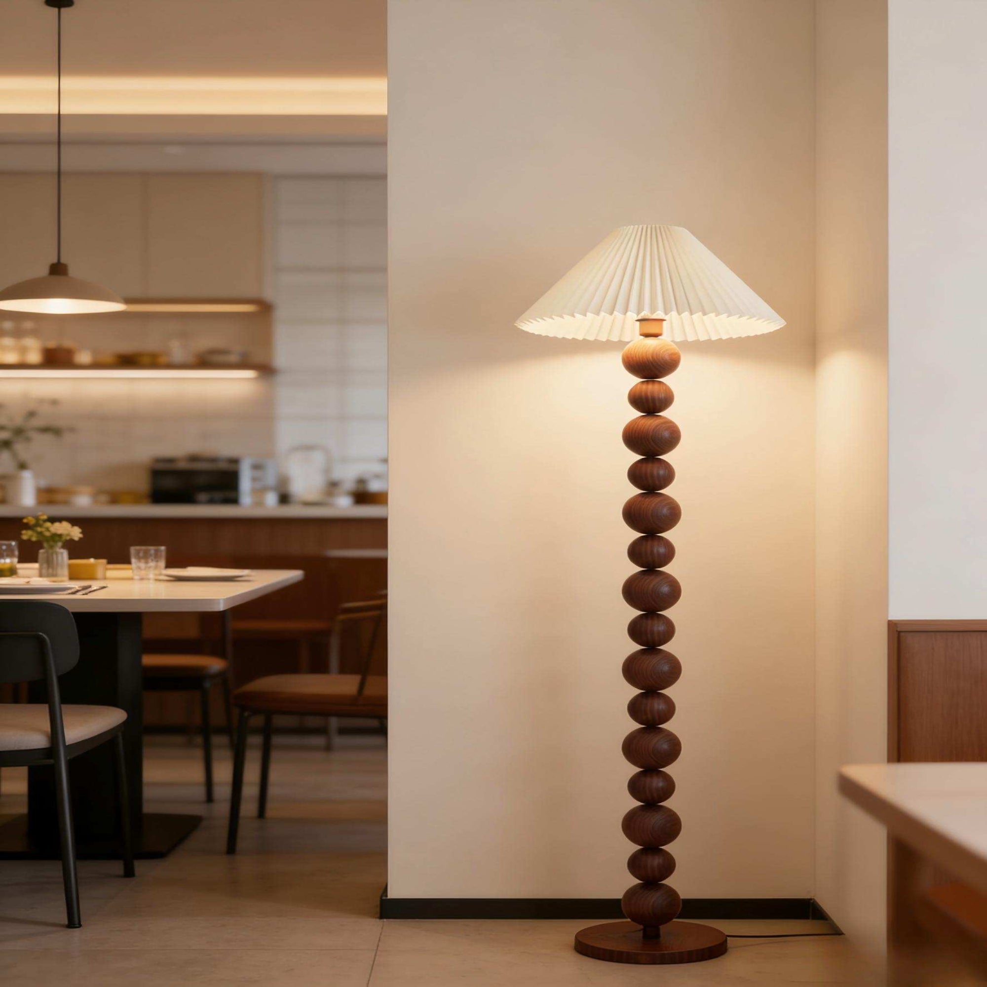 Walnut Floor Lamp with Ball Beads & Pleated Shade - Warm Light for Rustic Décor.